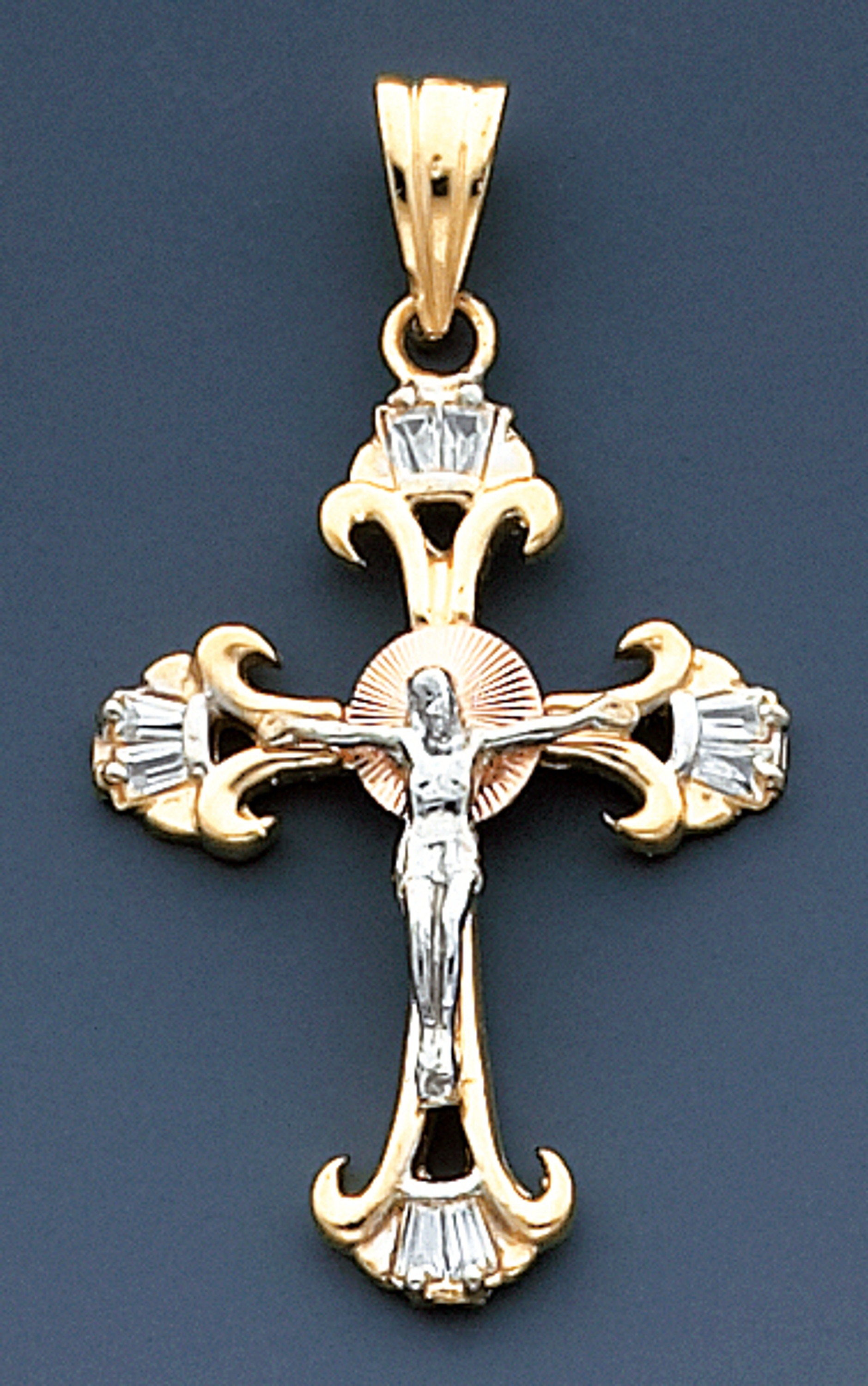 14K Tri-Color gold Cross 43mm or ( 1 3/4 inch) High Accented With Cubic Zirconia 14K Tri-Color gold Cross 43mm or ( 1 3/4 inch) High Accented With Cubic Zirconia