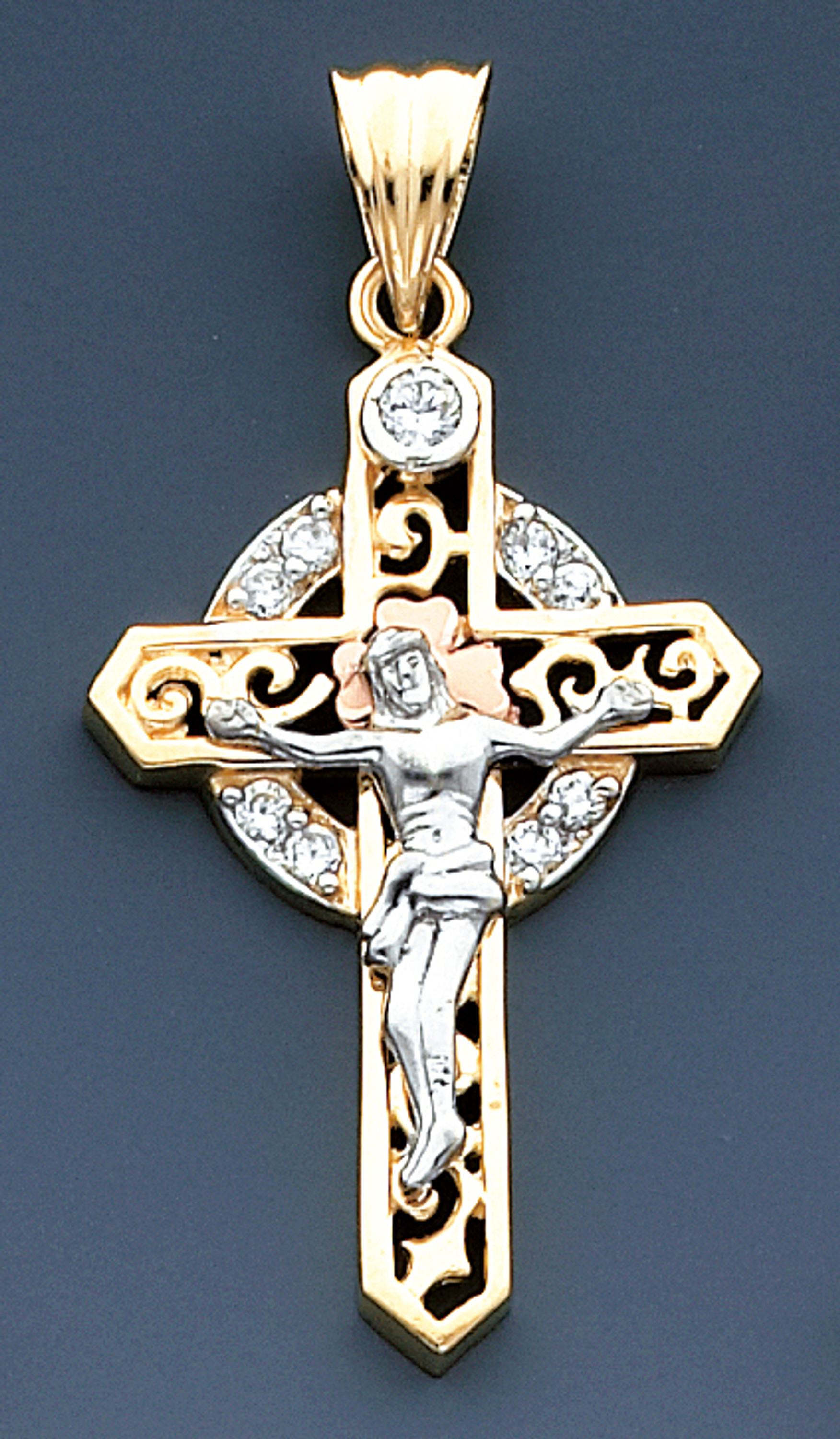 14K Tri-Color gold Cross 54mm or ( 2 1/4 inches) High Accented With Cubic Zirconia 14K Tri-Color gold Cross 54mm or ( 2 1/4 inches) High Accented With Cubic Zirconia