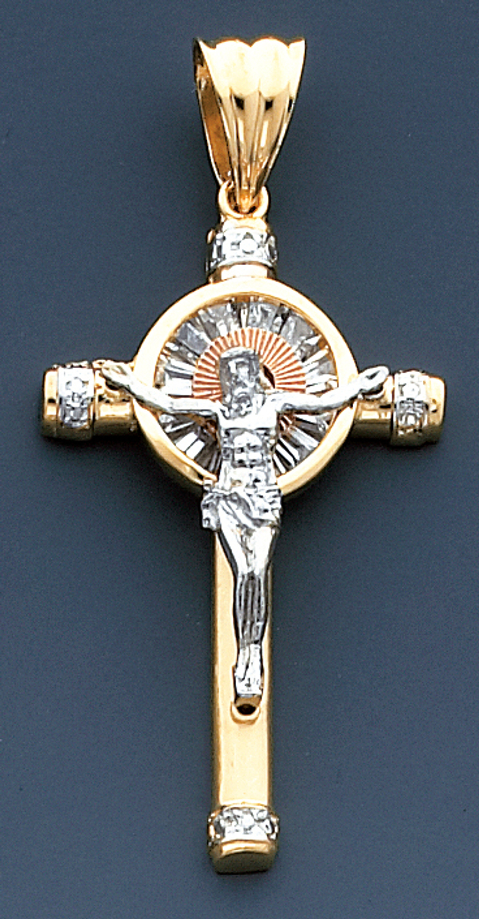 14K Tri-Color gold Cross 52mm or ( 2 1/8 inches) High Accented With Cubic Zirconia 14K Tri-Color gold Cross 52mm or ( 2 1/8 inches) High Accented With Cubic Zirconia