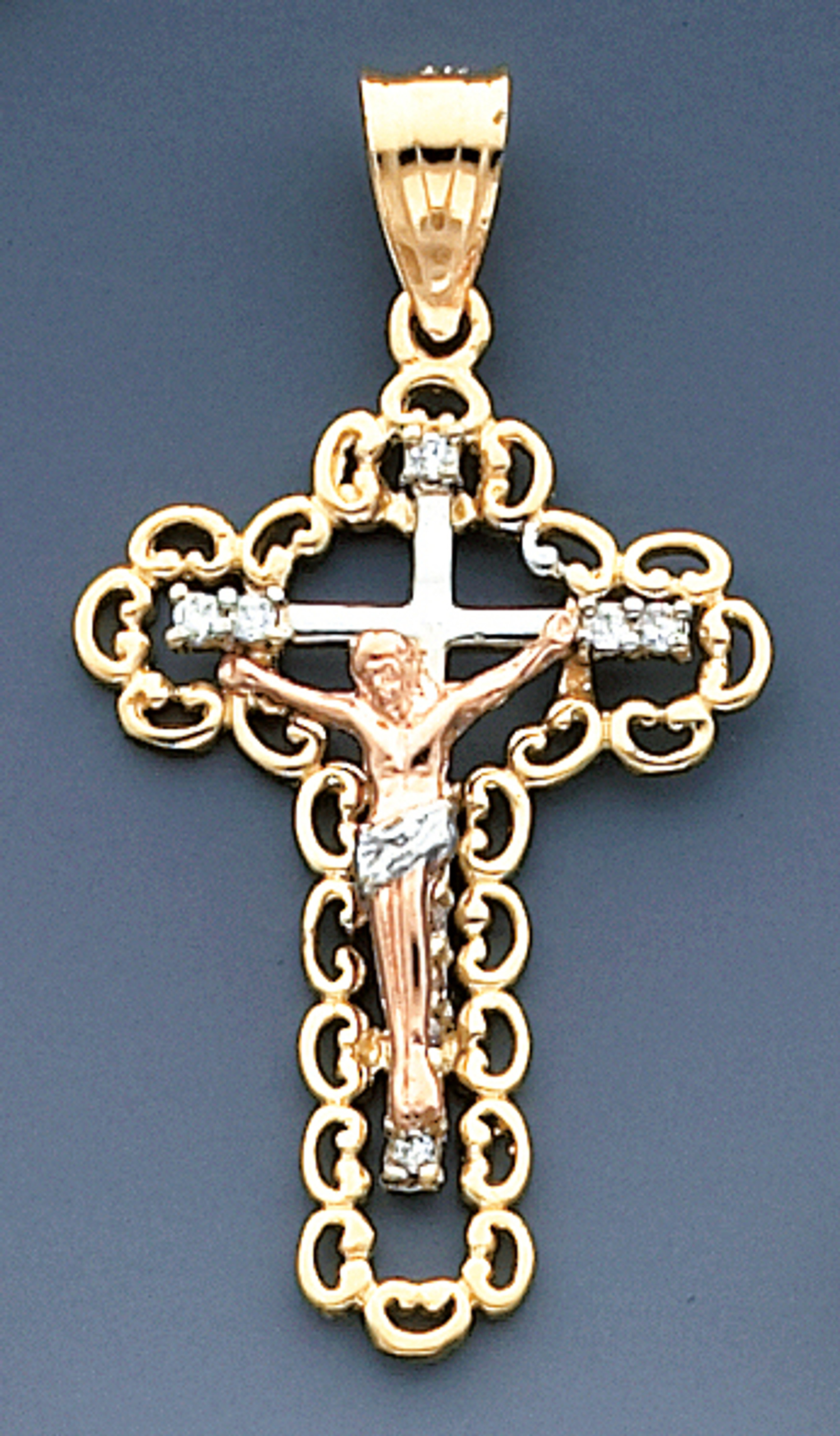 14K Tri-Color gold Cross 45mm or ( 1 and 3/4 inch) High Accented With Cubic Zirconia 14K Tri-Color gold Cross 45mm or ( 1 and 3/4 inch) High Accented With Cubic Zirconia