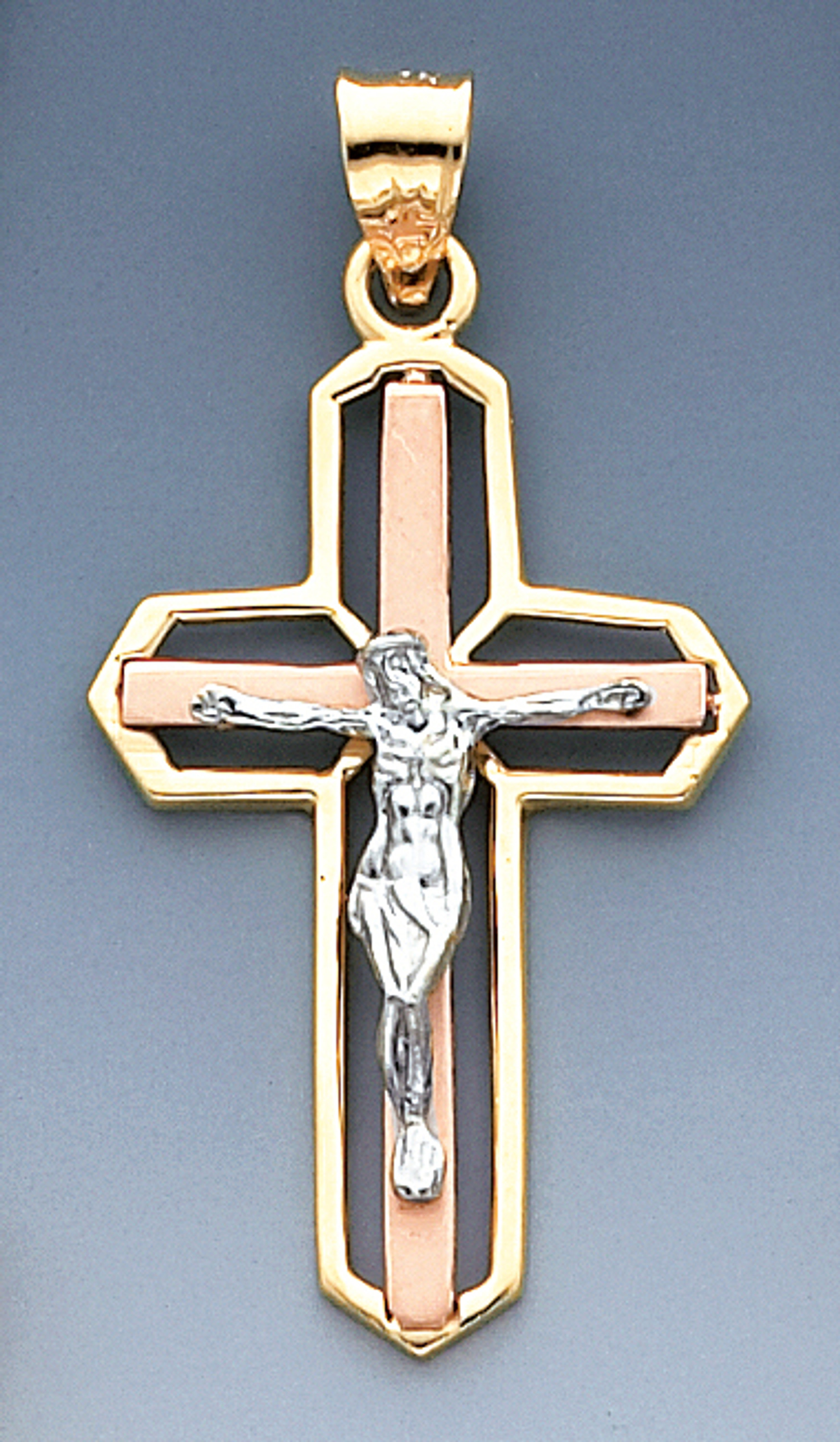 14K Tri-Color gold Cross 47mm or ( 1 and 7/8 inch) High Accented With Cubic Zirconia 14K Tri-Color gold Cross 47mm or ( 1 and 7/8 inch) High Accented With Cubic Zirconia