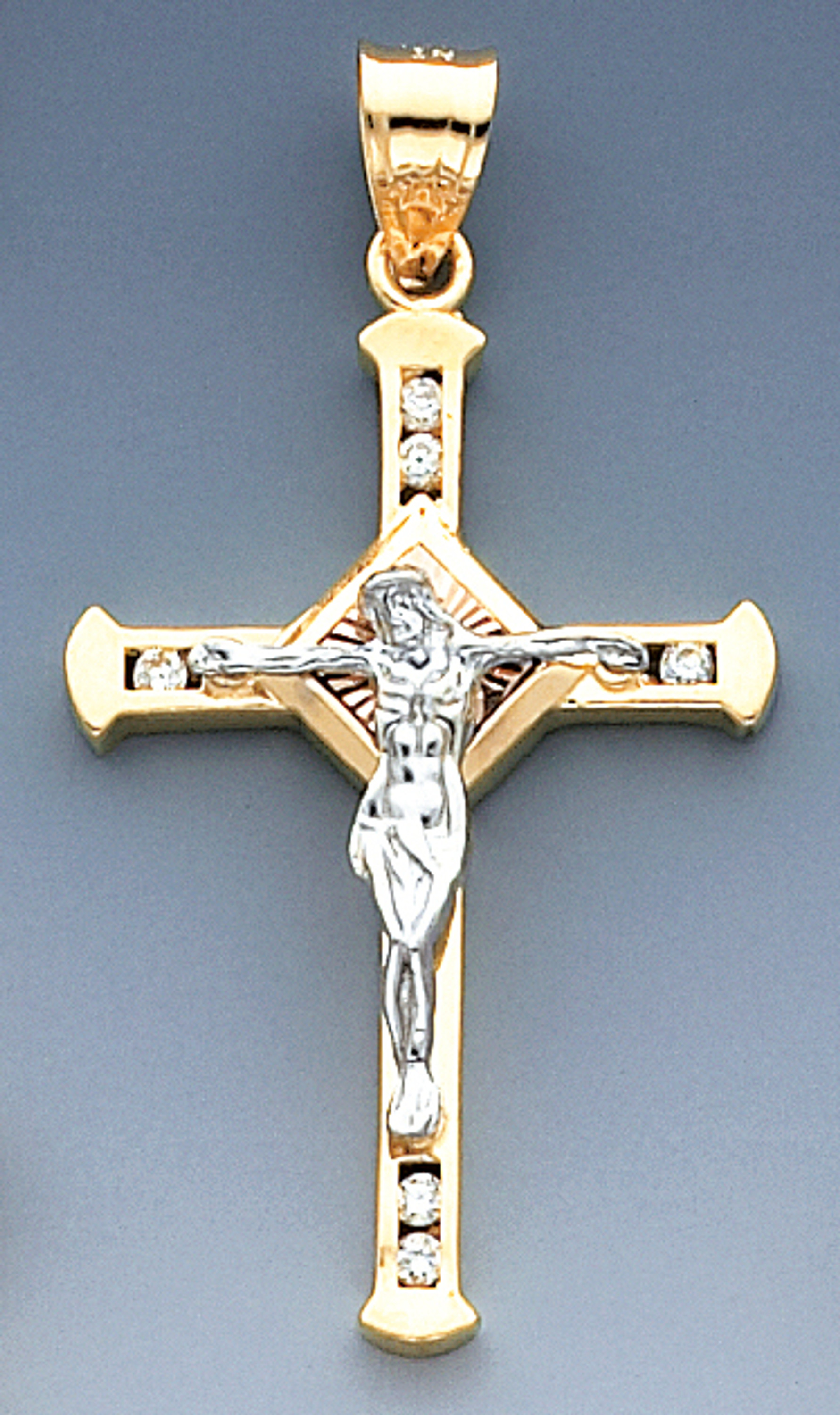 14K Tri-Color gold Cross Accented With Cubic Zirconia and 47mm or ( 1 7/8 inch) High 14K Tri-Color gold Cross Accented With Cubic Zirconia and 47mm or ( 1 7/8 inch) High