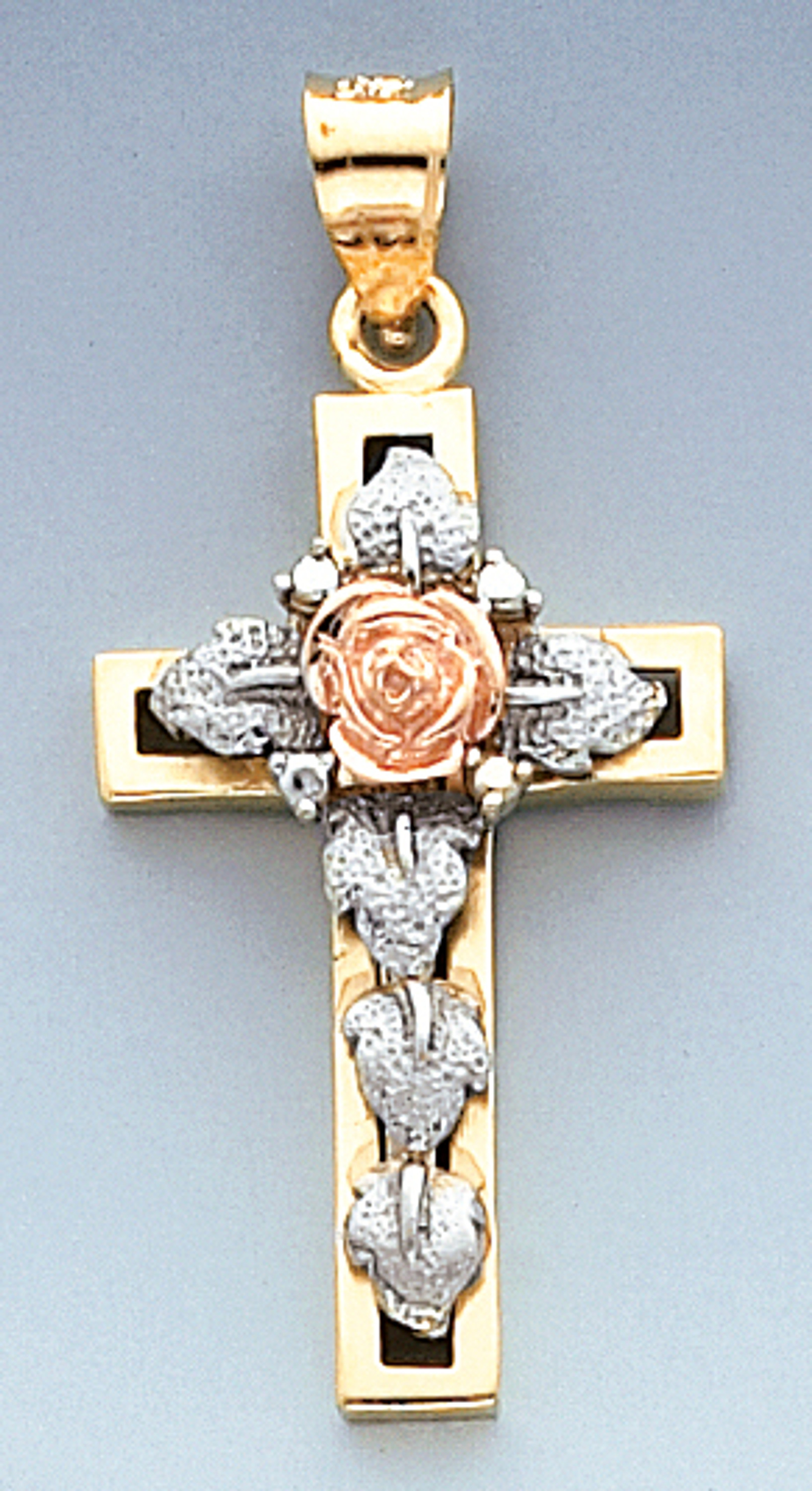 14K Tri-Color gold Cross 40mm or ( 1 1/2 inch) High Accented With Cubic Zirconia 14K Tri-Color gold Cross 40mm or ( 1 1/2 inch) High Accented With Cubic Zirconia