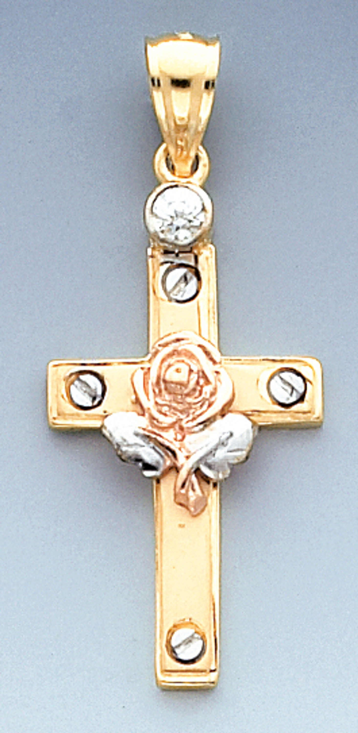 14K Tri-Color gold Cross 42mm or ( 1 5/8 inch) High Accented With Cubic Zirconia 14K Tri-Color gold Cross 42mm or ( 1 5/8 inch) High Accented With Cubic Zirconia