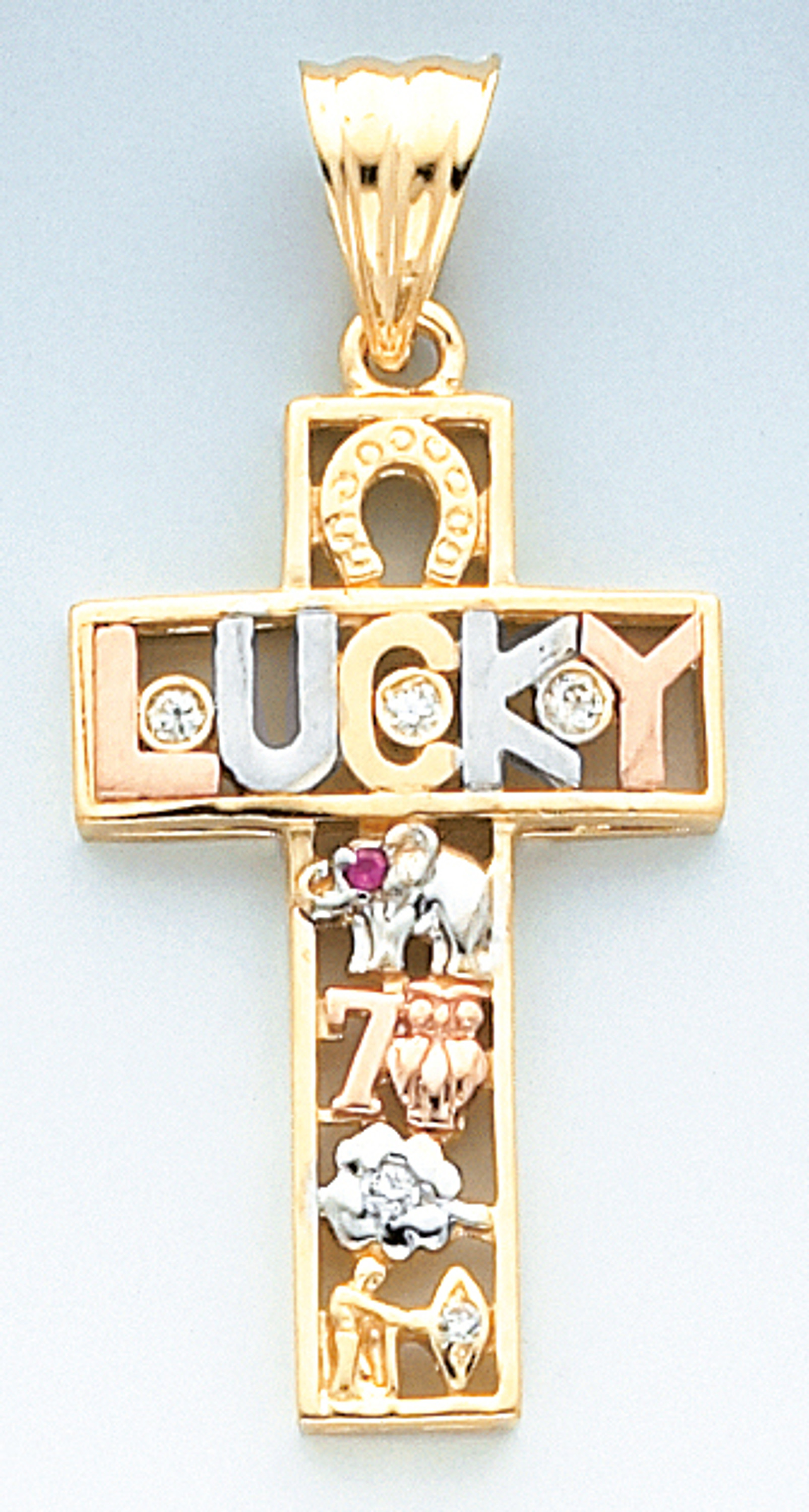 14K Tri-Color gold Cross 38mm or ( 1 1/2 inch) High Accented With Cubic Zirconia 14K Tri-Color gold Cross 38mm or ( 1 1/2 inch) High Accented With Cubic Zirconia