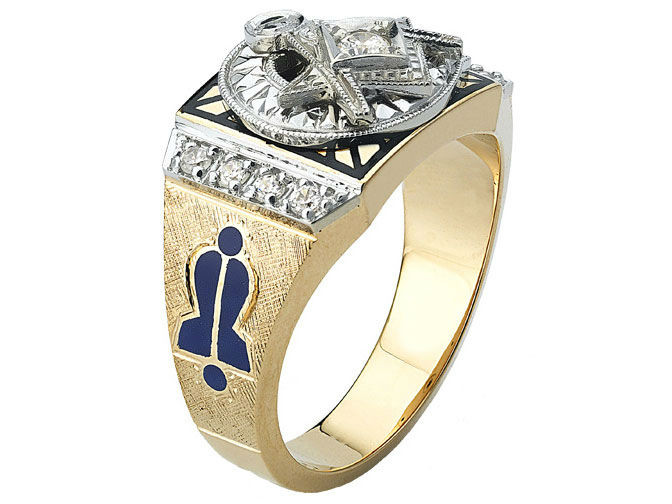 Men's Masonic Lodge Ring - Stainless Steel 316, 14K Gold Ion Plated, With 2mm Clear Crystal, Sizes 8-13