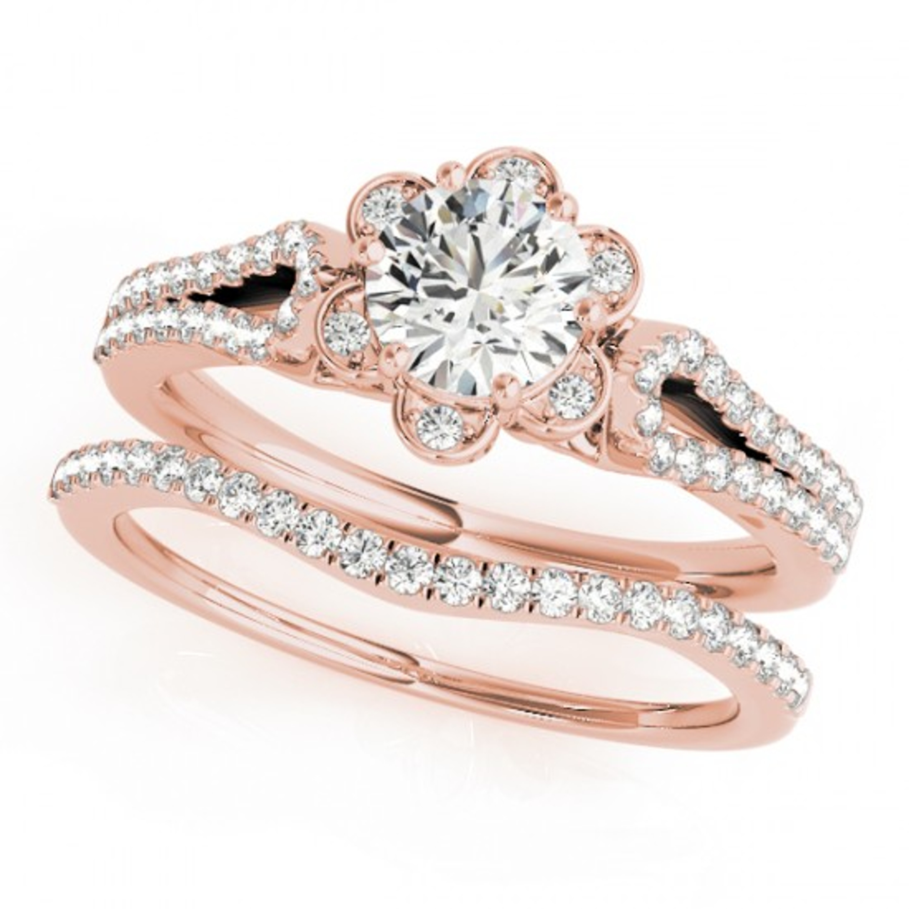 14k Rose Gold 1/2 Carat  Round cut Flower Engagement Ring Set 14k Rose Gold 1/2 Carat  Round cut Flower Engagement Ring Set