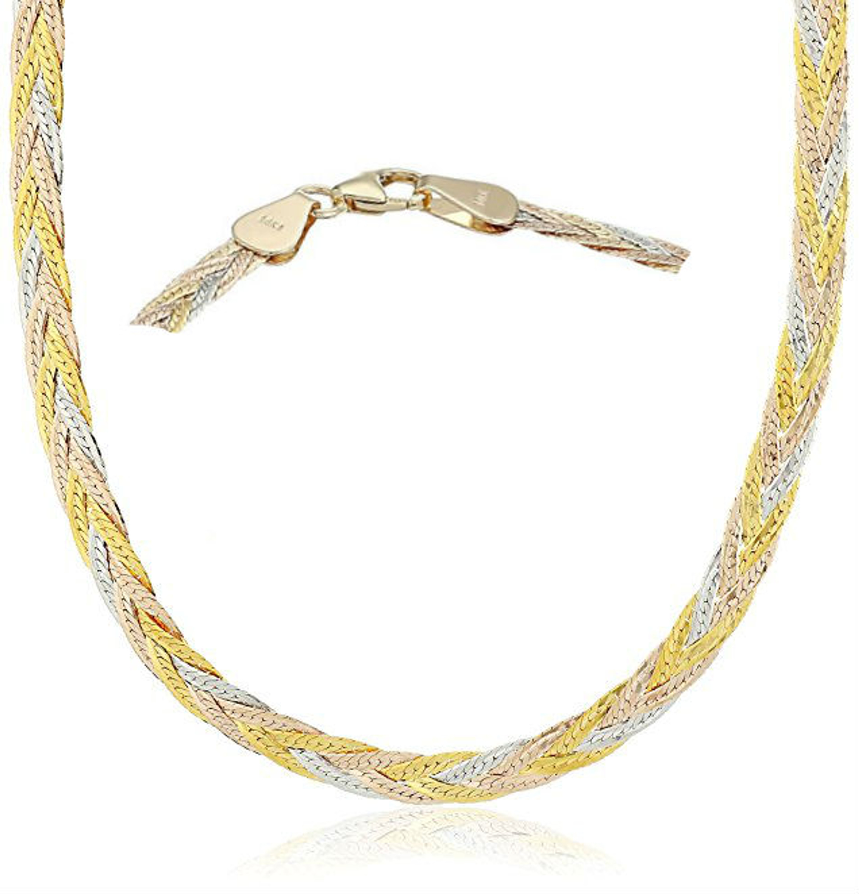 14k Gold Tri-Color Braided Herringbone Necklace 4mm 18" 14k Gold Tri-Color Braided Herringbone Necklace 4mm 18"