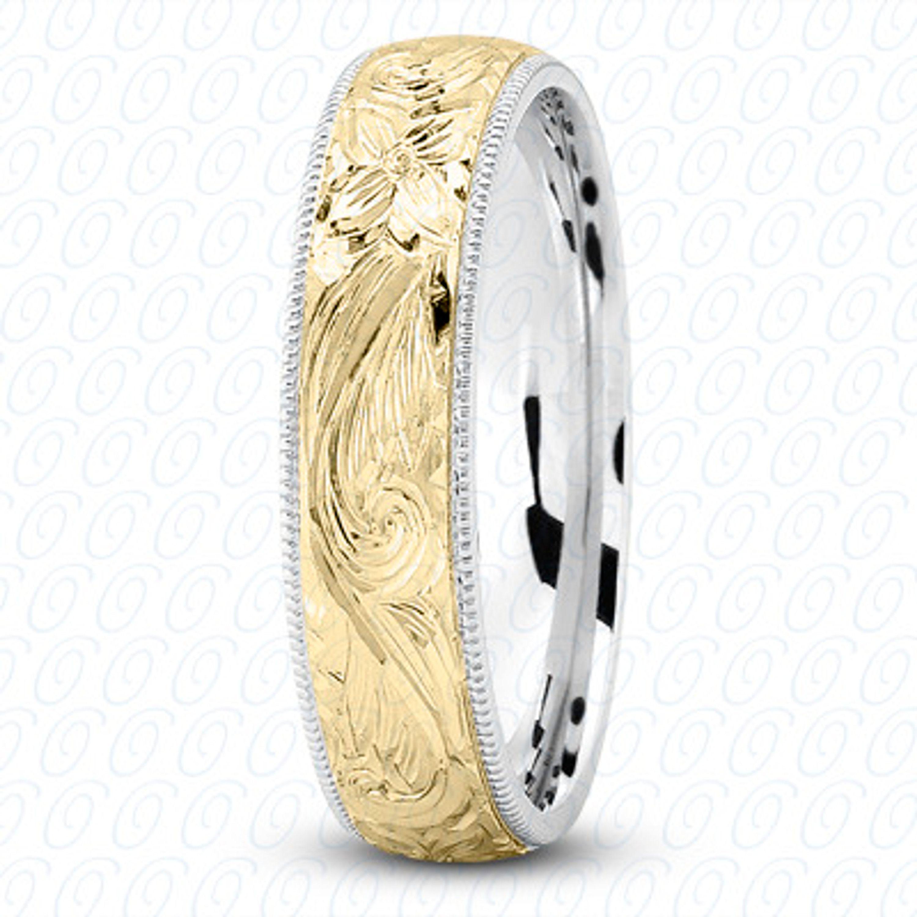 14k 4.5mm Hand Engraved Comfort Fit Two Tone Wedding Band 14k 4.5mm Hand Engraved Comfort Fit Two Tone Wedding Band