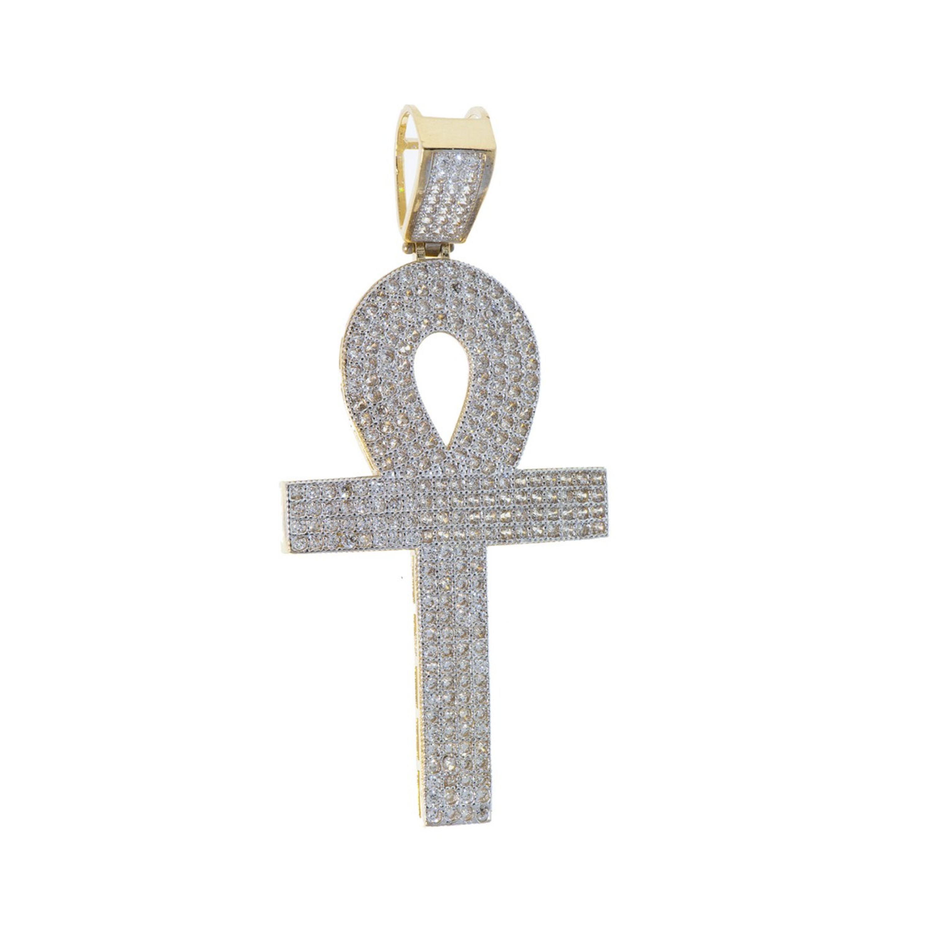 14k Yellow Gold 60mm High Ankh Cross Pendant Covered With Cubic Zirconia 14k Yellow Gold 60mm High Ankh Cross Pendant Covered With Cubic Zirconia