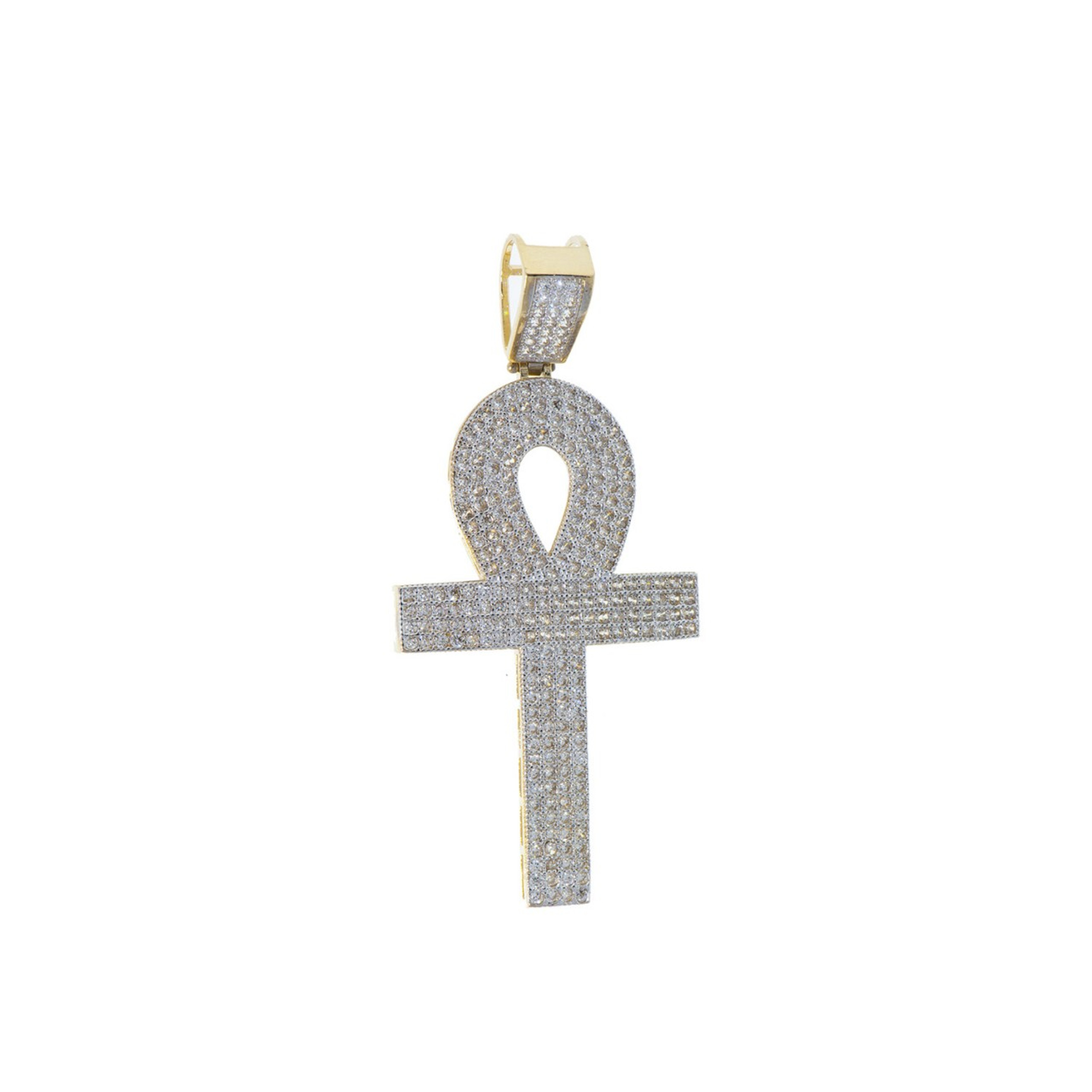14k Yellow Gold 50mm High Ankh Cross Pendant Covered With Cubic Zirconia 14k Yellow Gold 50mm High Ankh Cross Pendant Covered With Cubic Zirconia