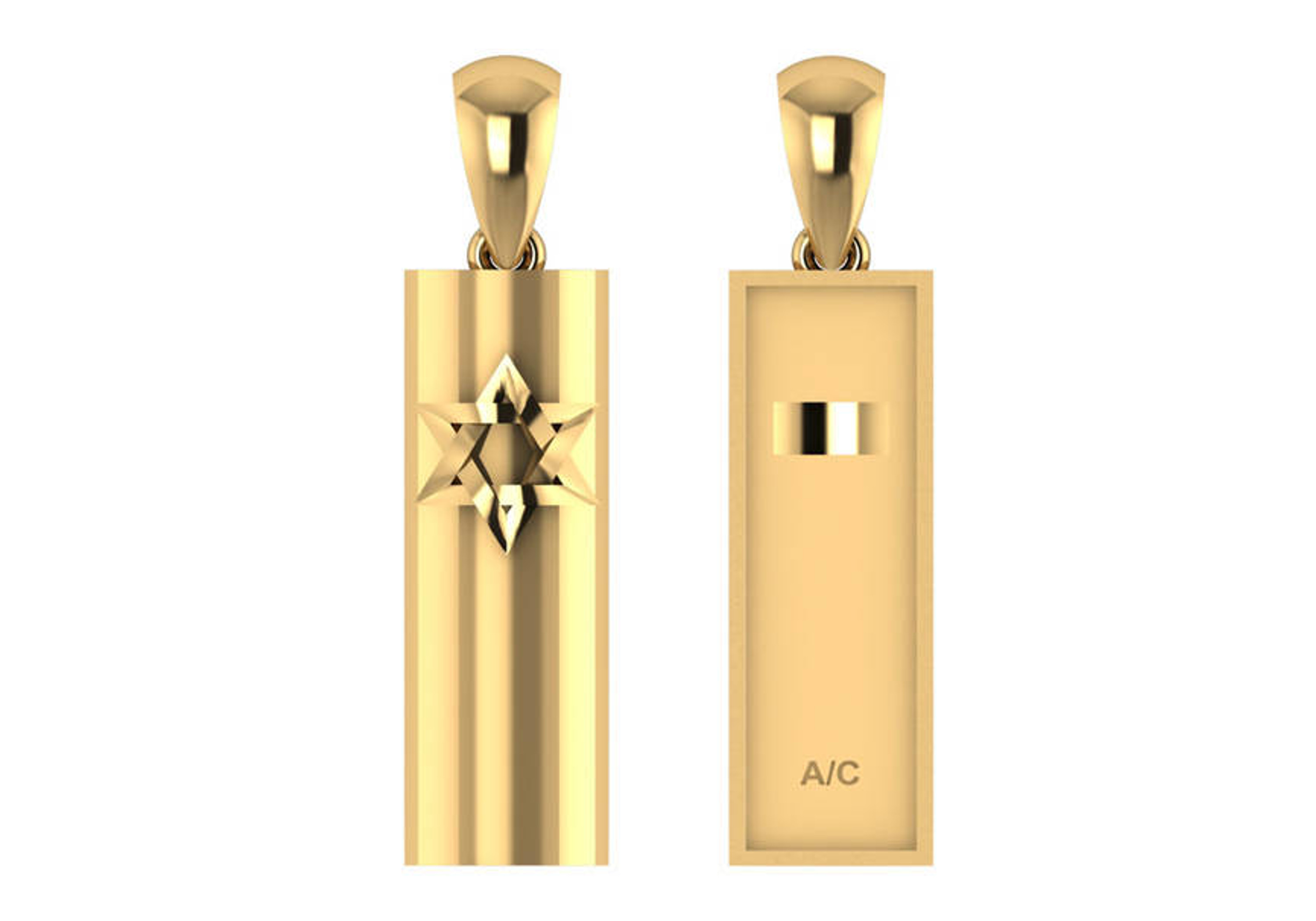 14k Yellow Gold Mezuzah Pendant With Back Plate 25.0mm x 8.0mm 14k Yellow Gold Mezuzah Pendant With Back Plate 25.0mm x 8.0mm