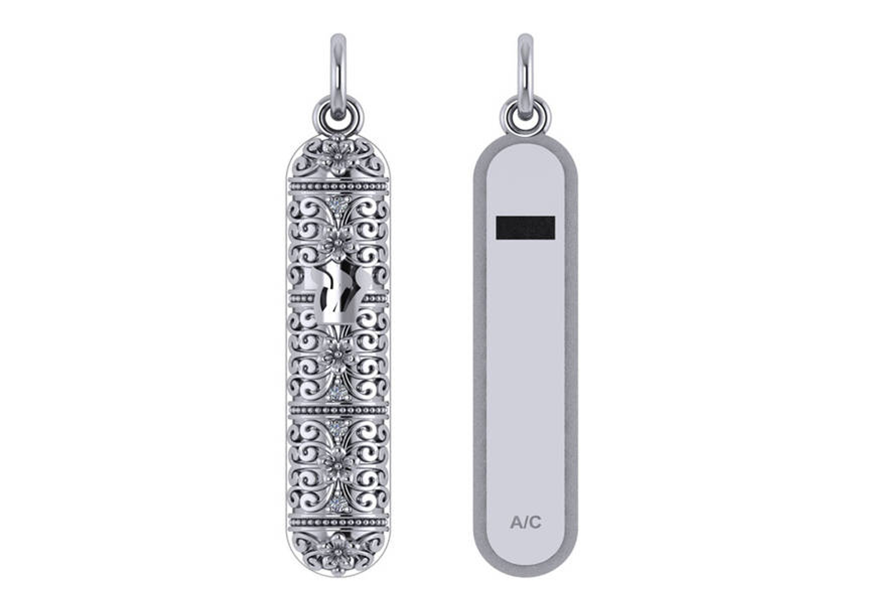14k White Gold Diamond Mezuzah Pendant With Back Plate 35.0mm x 8.0mm 14k White Gold Diamond Mezuzah Pendant With Back Plate 35.0mm x 8.0mm