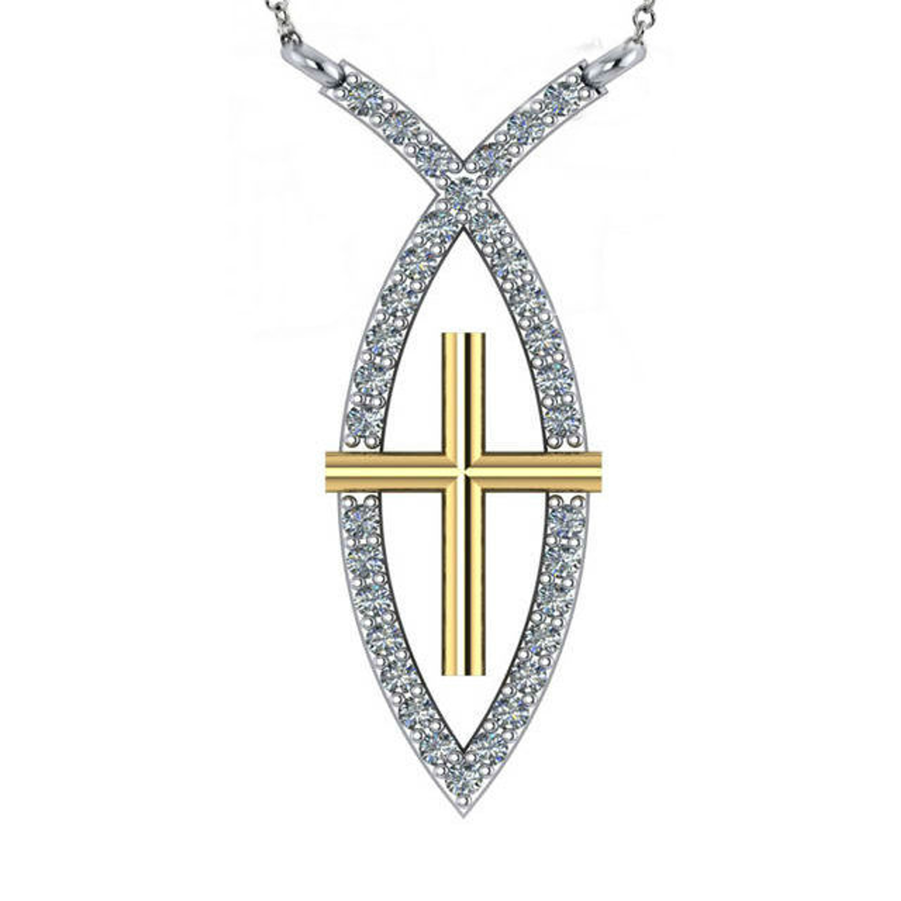 14k Gold Ichthus (Fish) with Cross Diamond Necklace 22.0mm x 8.0mm