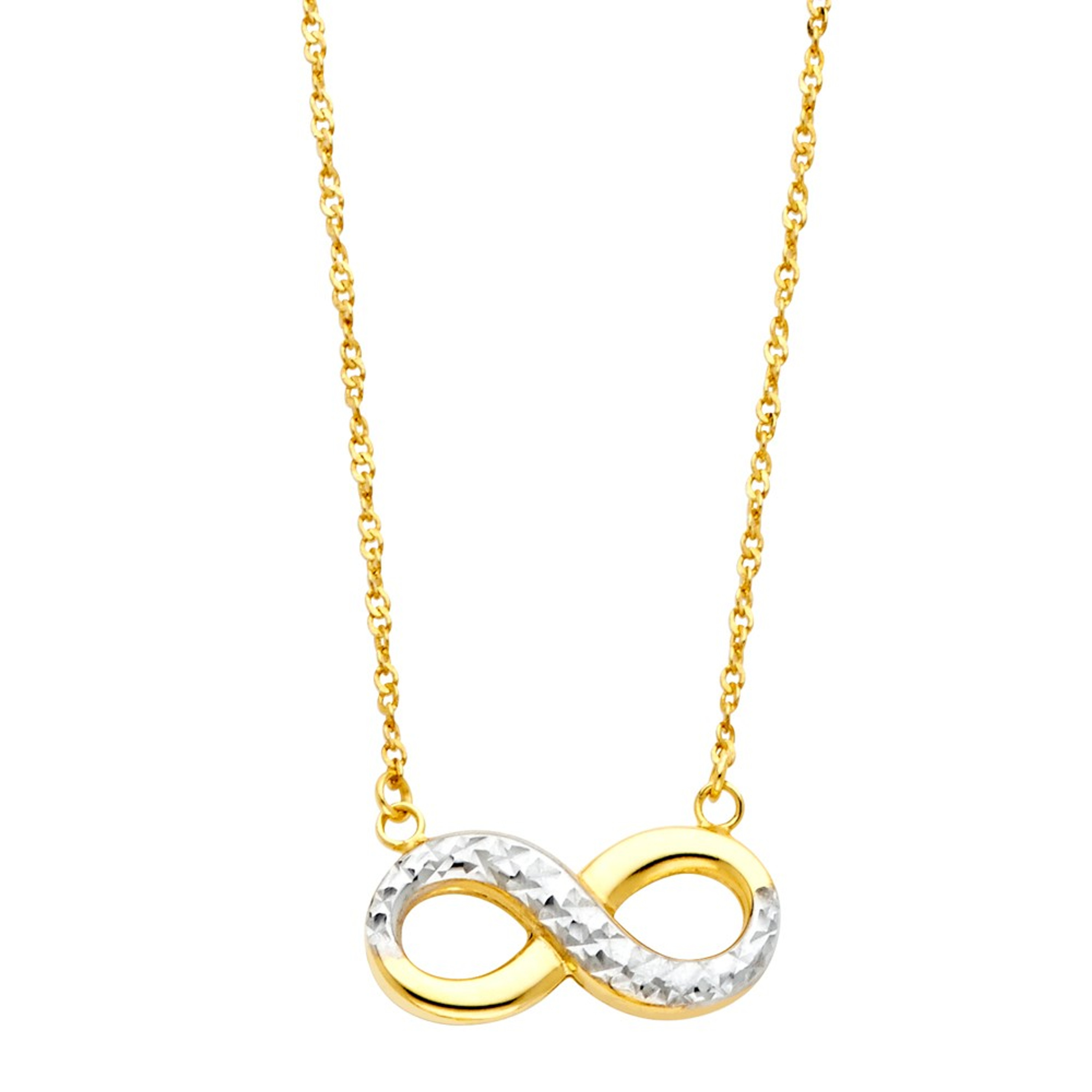 14K Yellow Gold and White Gold Infinity Necklace 18 Inches 8mm by 16mm 14K Yellow Gold and White Gold Infinity Necklace 18 Inches 8mm by 16mm