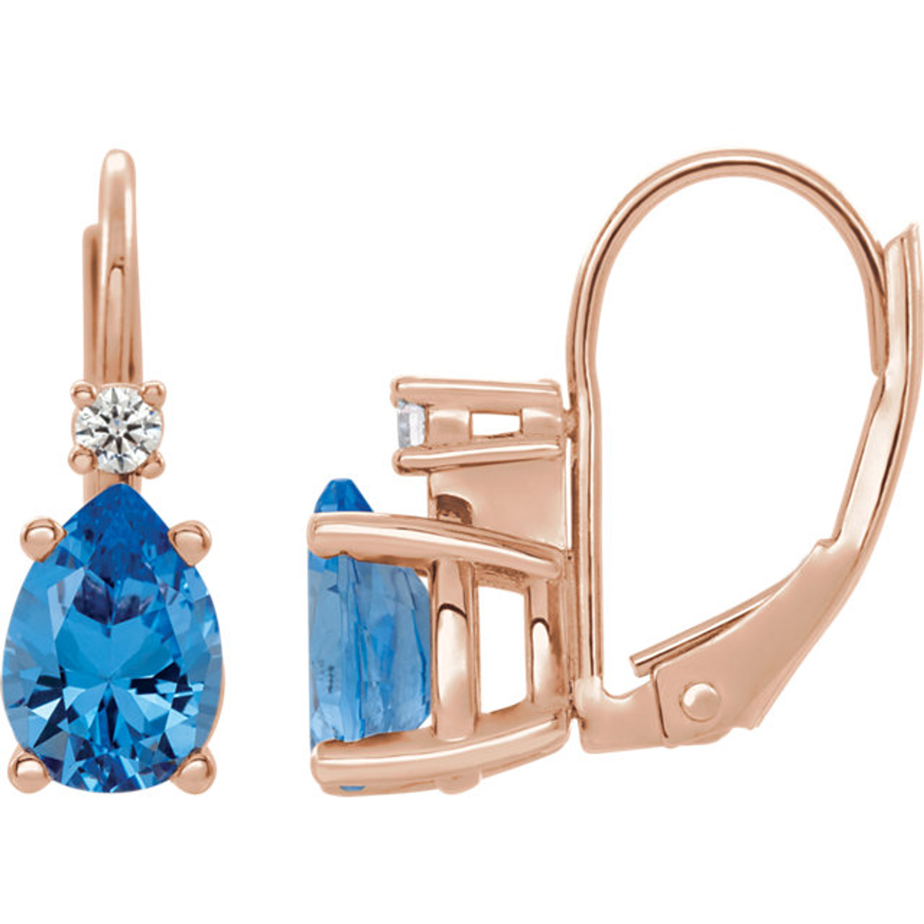 14k Gold 8mm x 5mm Blue Topaz Diamond Lever Back Earrings .06 ctw. 14k Gold 8mm x 5mm Blue Topaz Diamond Lever Back Earrings .06 ctw.
