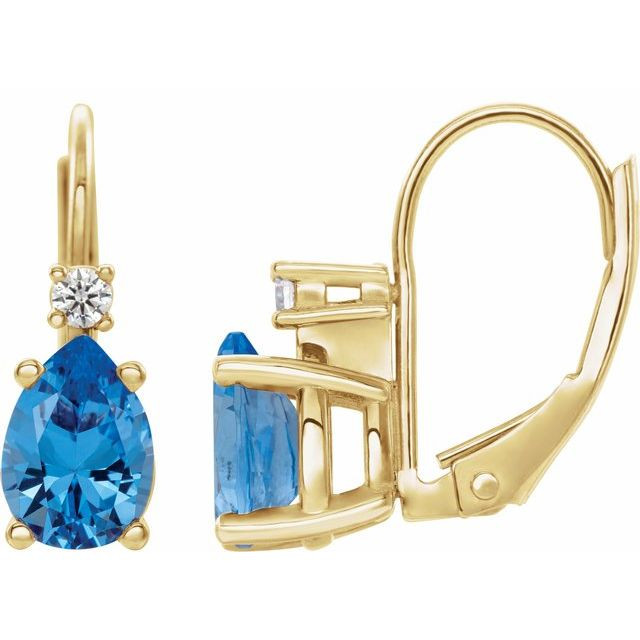 14k Gold 8mm x 5mm Blue Topaz Diamond Lever Back Earrings .06 ctw.