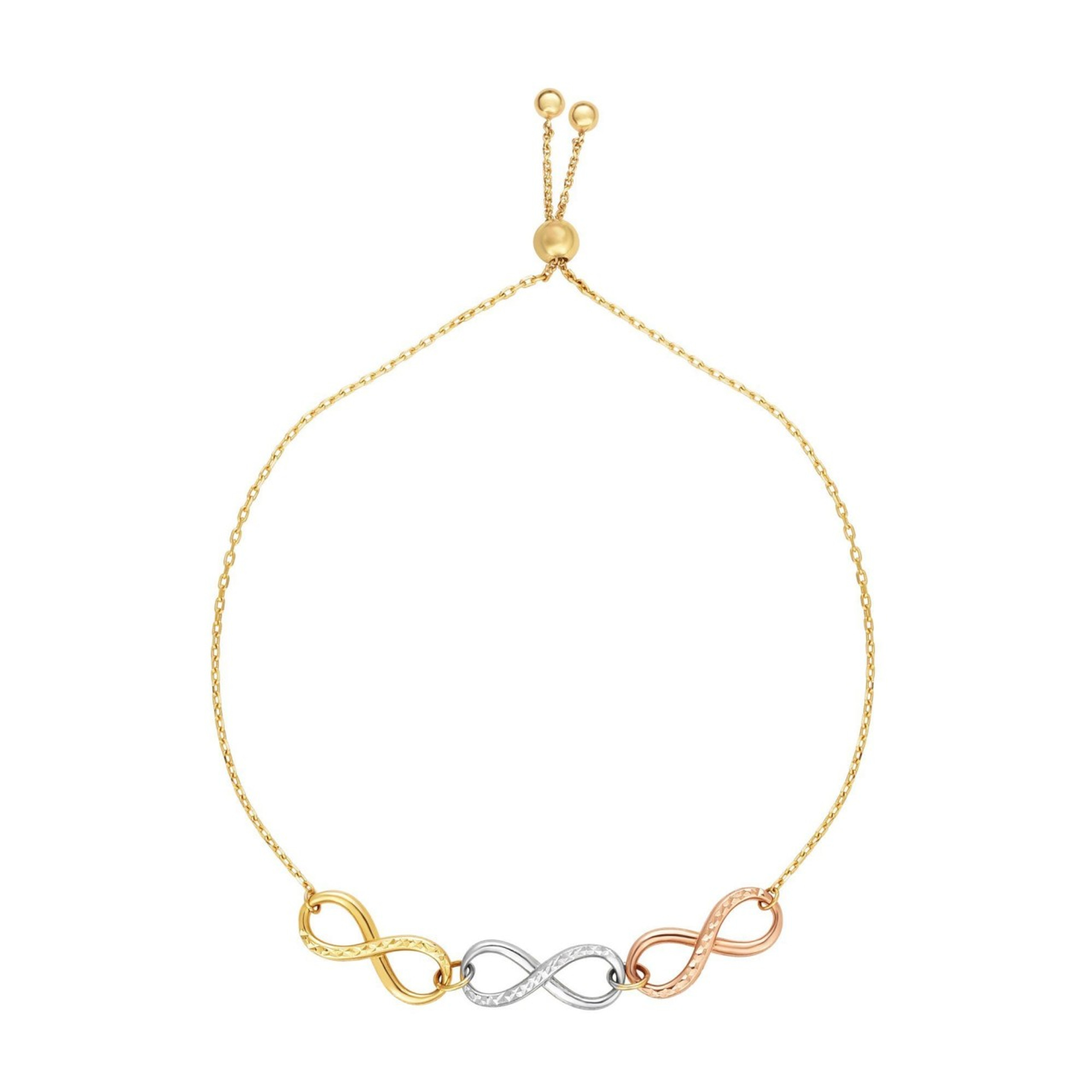14K Yellow, White and Rose Gold Friendship Infinity Adjustable Bracelet Up to 9.25" 14K Yellow, White and Rose Gold Friendship Infinity Adjustable Bracelet Up to 9.25"