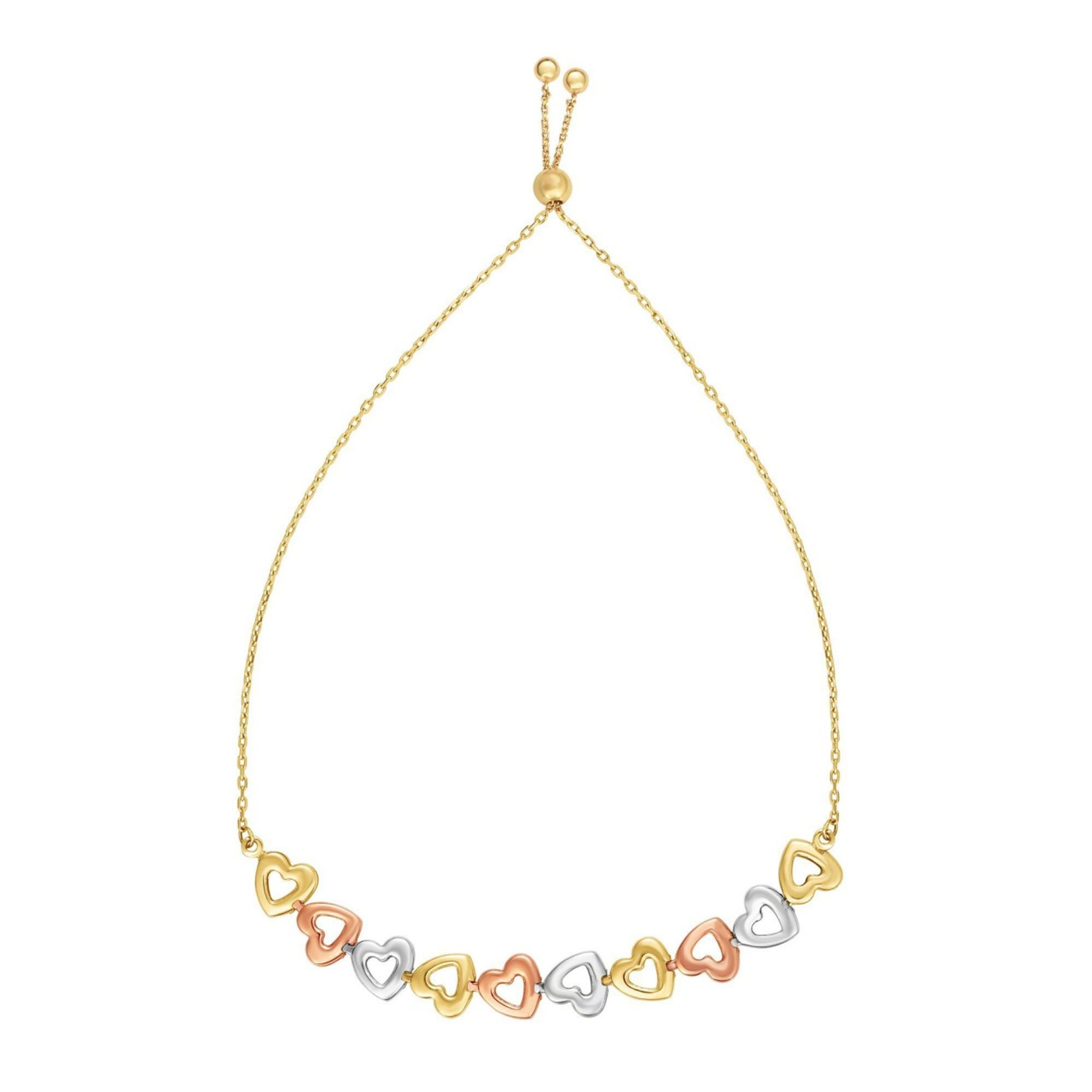 14K Yellow, White and Rose Gold Friendship Hearts Adjustable Bracelet Up to 9.25" 14K Yellow, White and Rose Gold Friendship Hearts Adjustable Bracelet Up to 9.25"