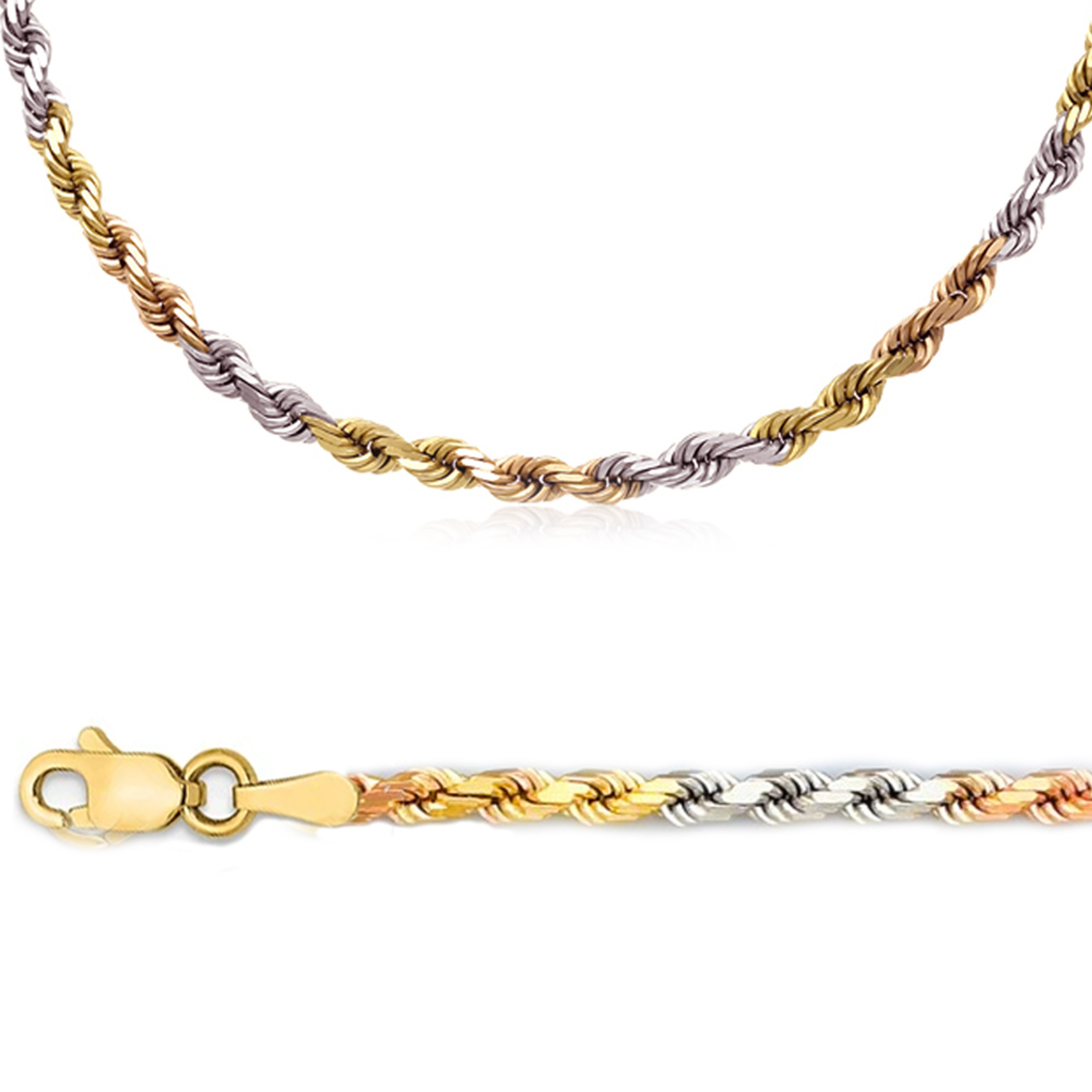 14k Tri-Color Gold 6mm Rope Chain 26 Inches