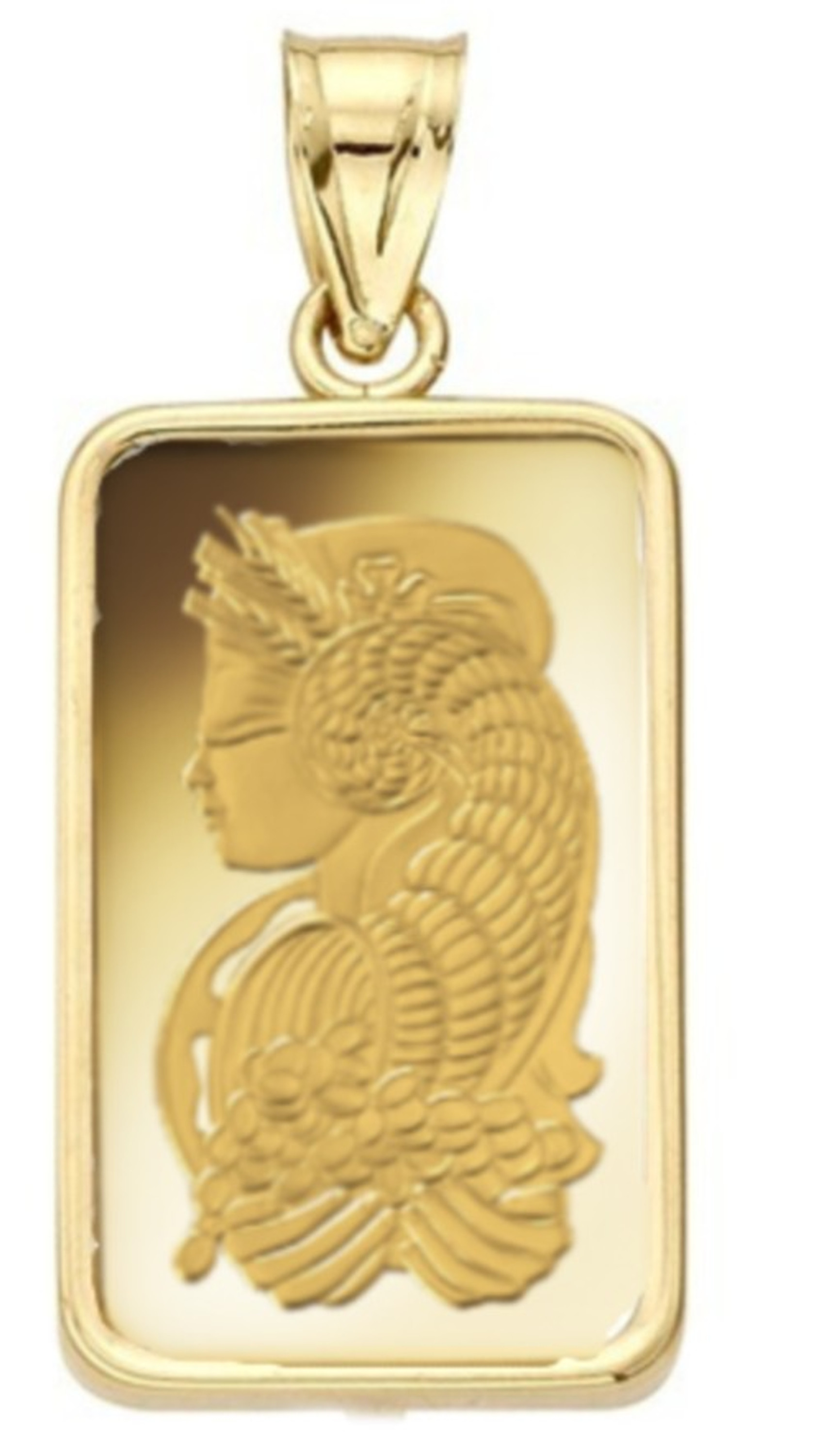 24k Gold 5.0 Gram Pamp Suisse .999 Lady Fortuna Bar Pendant Encased in 14k Gold Bezel 24k Gold 5.0 Gram Pamp Suisse .999 Lady Fortuna Bar Pendant Encased in 14k Gold Bezel