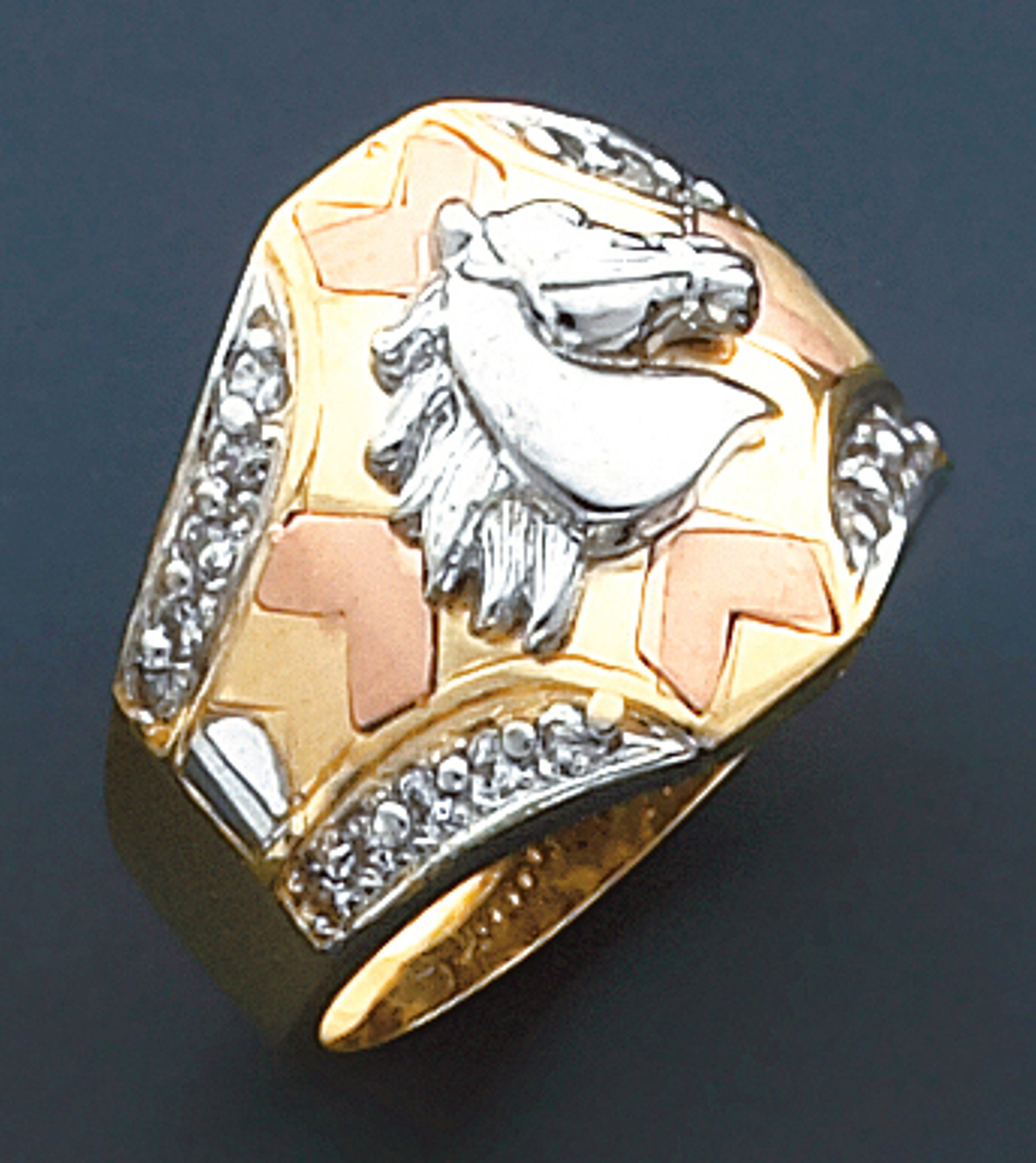 14k Gold Tri Color 18mm Wide Mens Horse Ring 14k Gold Tri Color 18mm Wide Mens Horse Ring