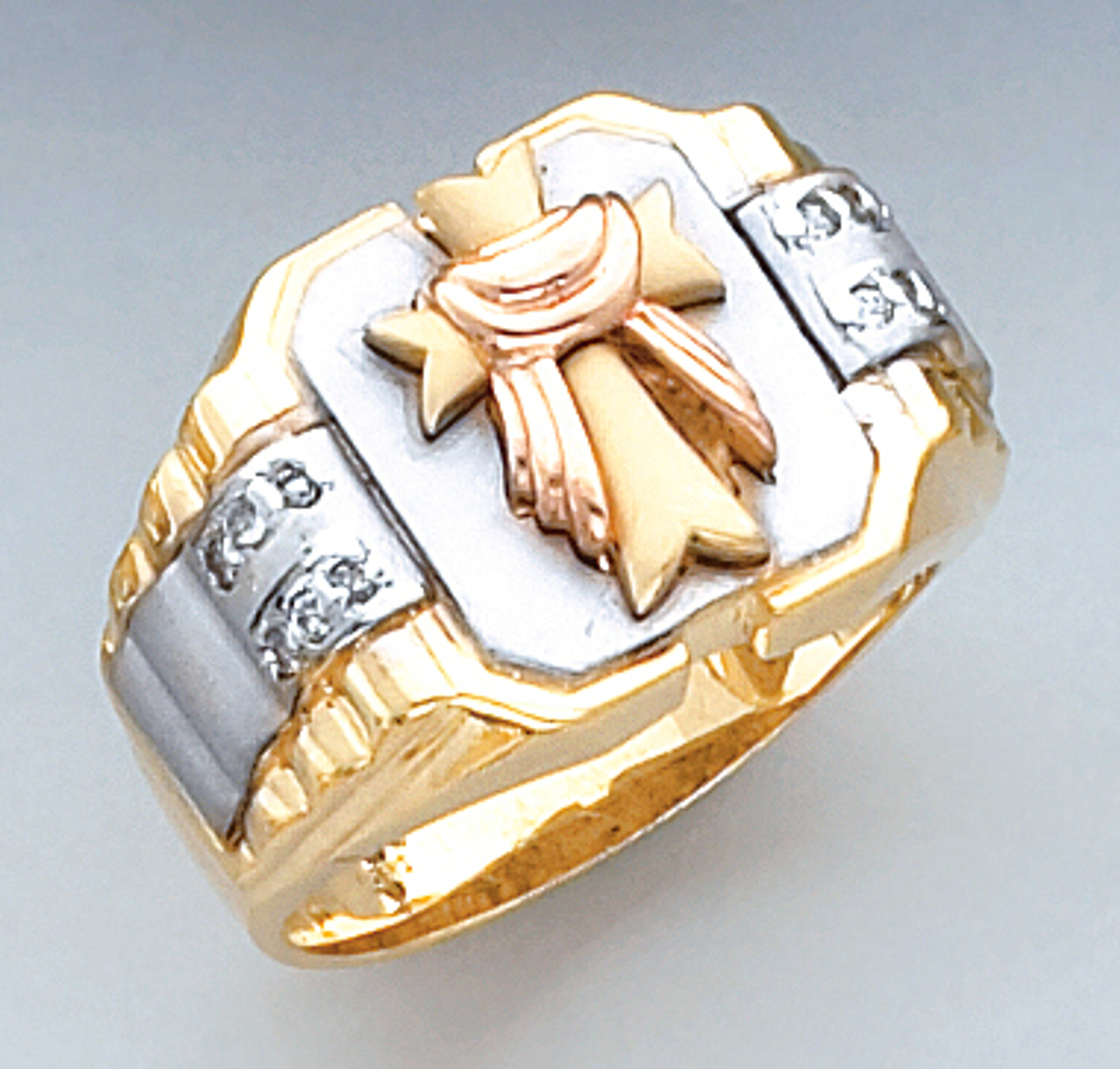 14k Gold 15mm Tri Color Mens Ring with Cross 14k Gold 15mm Tri Color Mens Ring with Cross