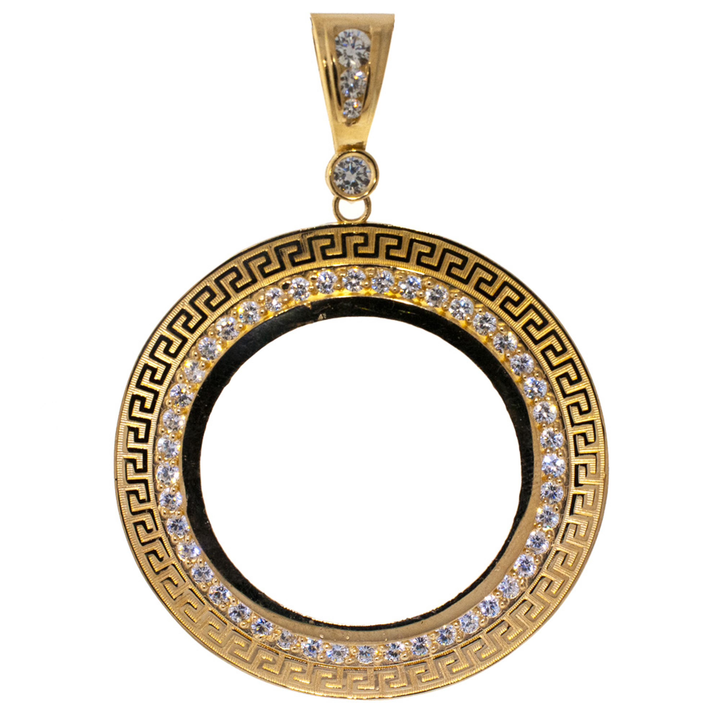 14k Gold Greek Key Design With Cubic Zirconia 50 Peso Coin Bezel Pendant 14k Gold Greek Key Design With Cubic Zirconia 50 Peso Coin Bezel Pendant