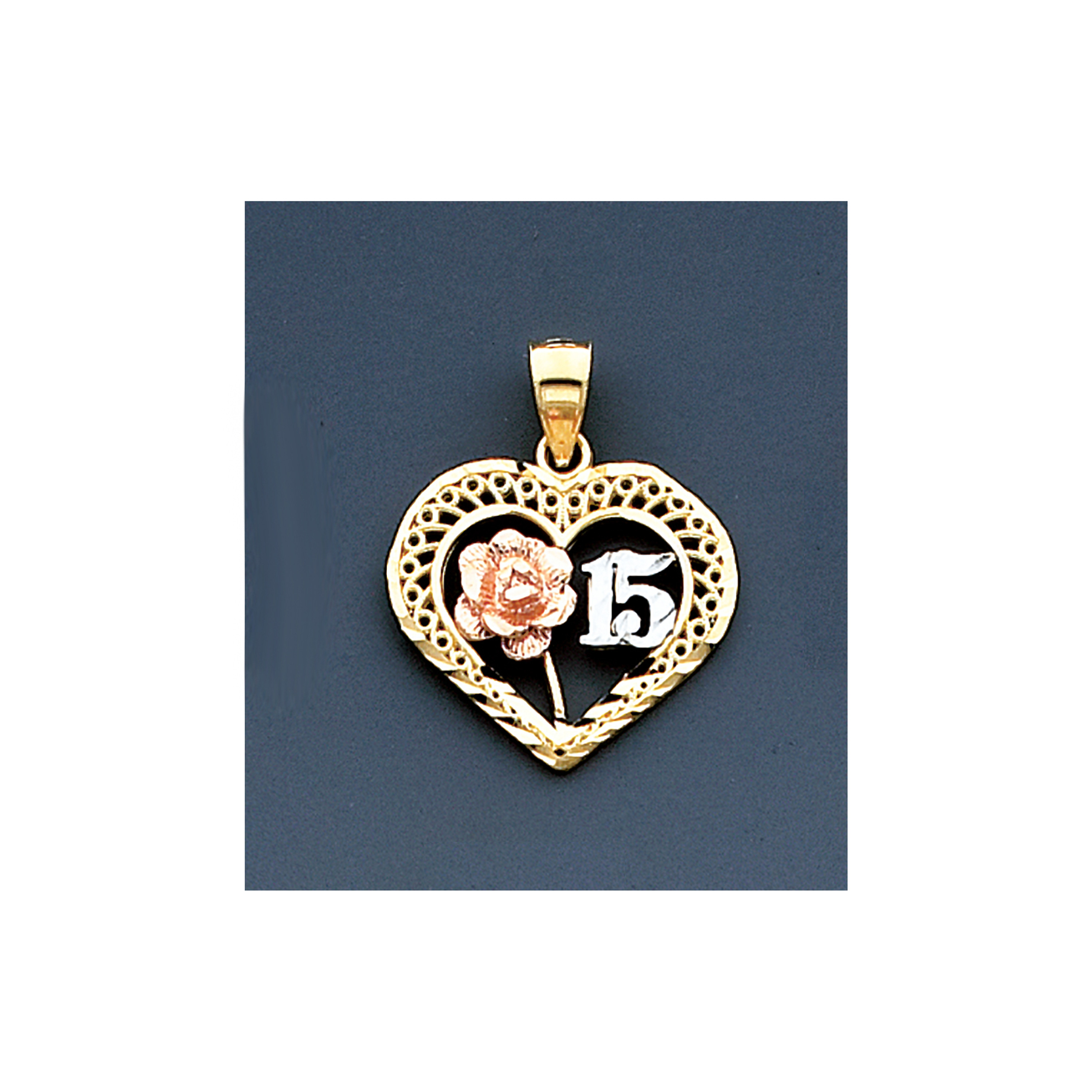 14K Gold Tri Color Heart Quinceanera Pendant 20mm By 25mm 14K Gold Tri Color Heart Quinceanera Pendant 20mm By 25mm