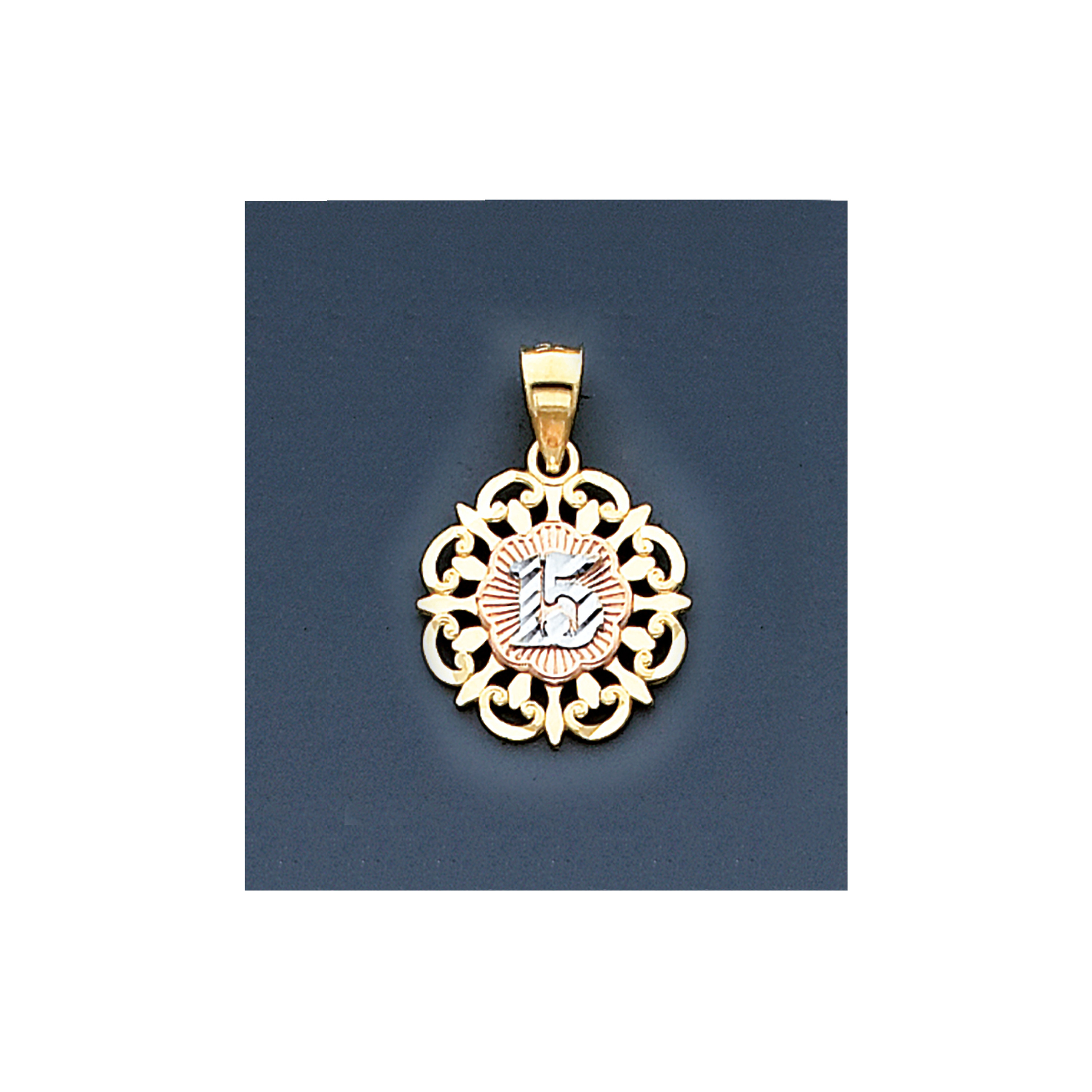 14K Gold Tri Color Oval Quinceanera Pendant 16mm By 24mm 14K Gold Tri Color Oval Quinceanera Pendant 16mm By 24mm