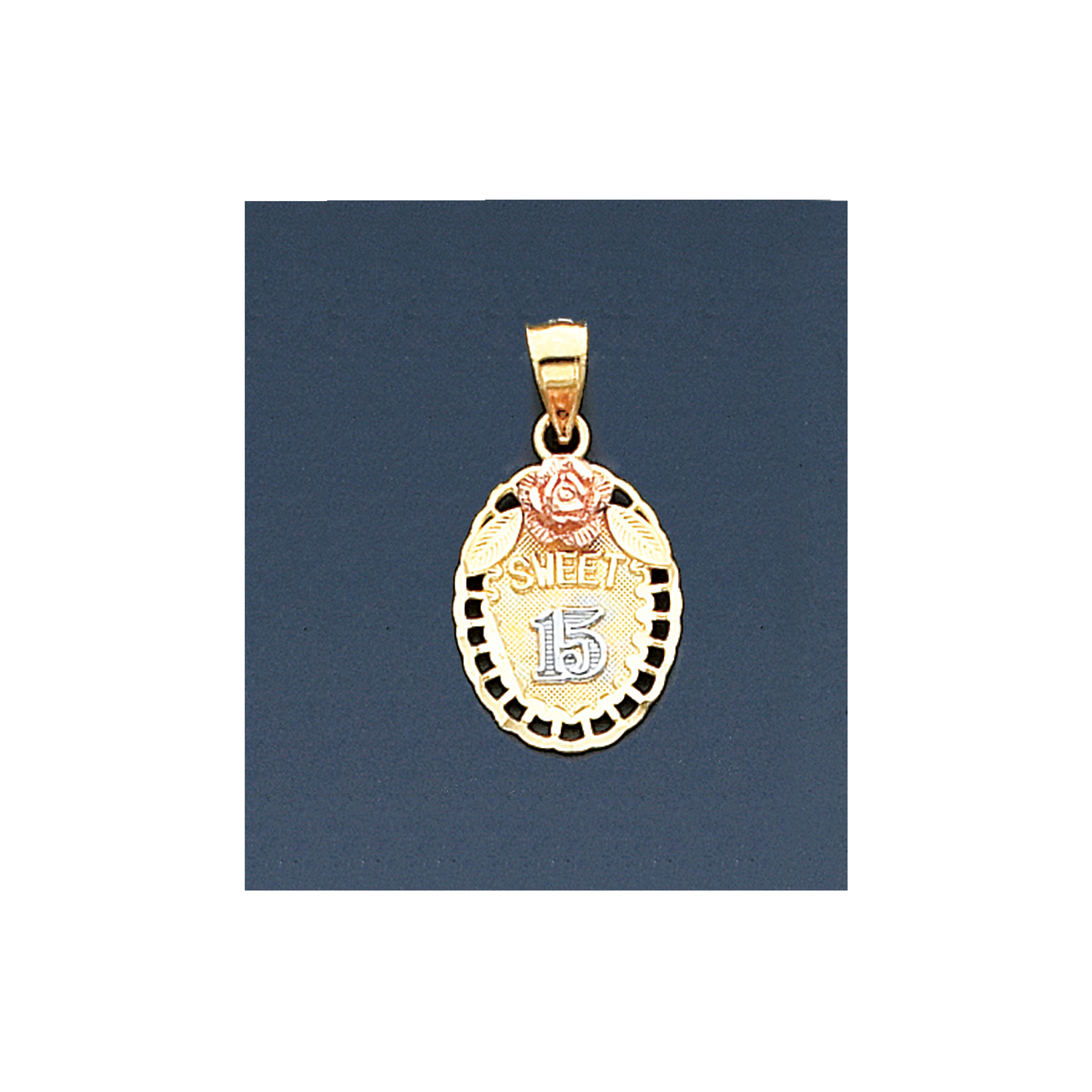 14K Gold Tri Color Oval Quinceanera Pendant 14mm By 25mm 14K Gold Tri Color Oval Quinceanera Pendant 14mm By 25mm