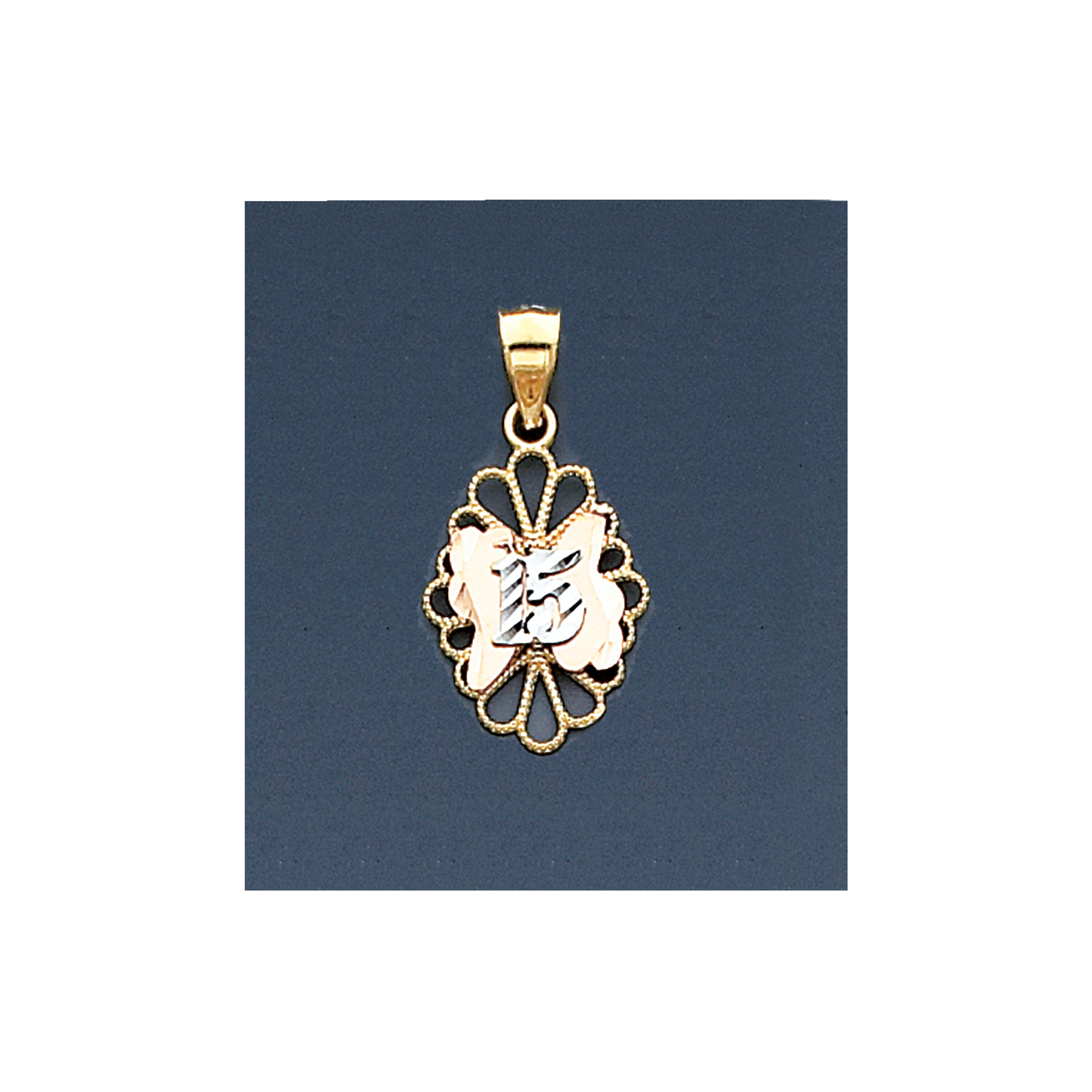 14K Gold Two Color Oval Quinceanera Pendant 14mm By 26mm 14K Gold Two Color Oval Quinceanera Pendant 14mm By 26mm