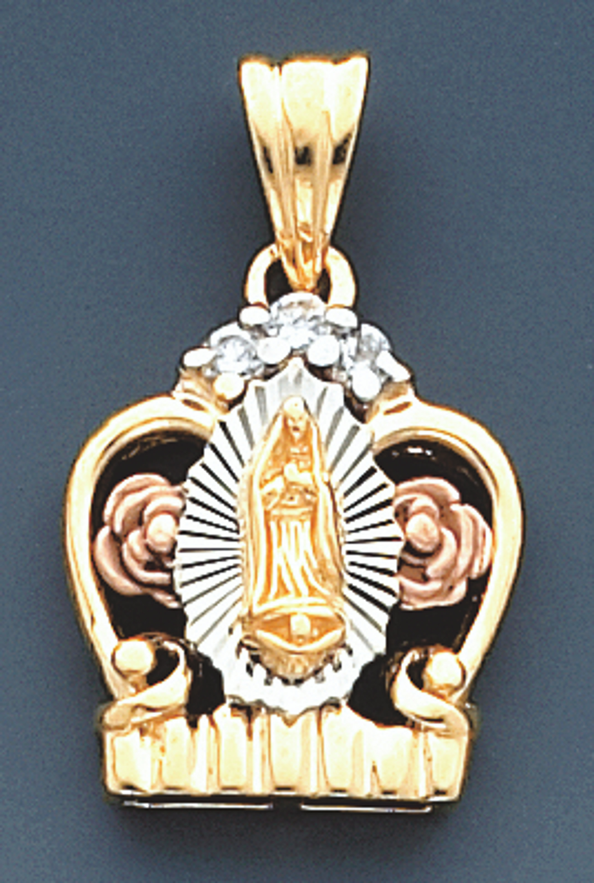 14K Gold Tri-Color Crown Shape Charm With Virgin Mary 29mm Tall By 17mm Wide 14K Gold Tri-Color Crown Shape Charm With Virgin Mary 29mm Tall By 17mm Wide