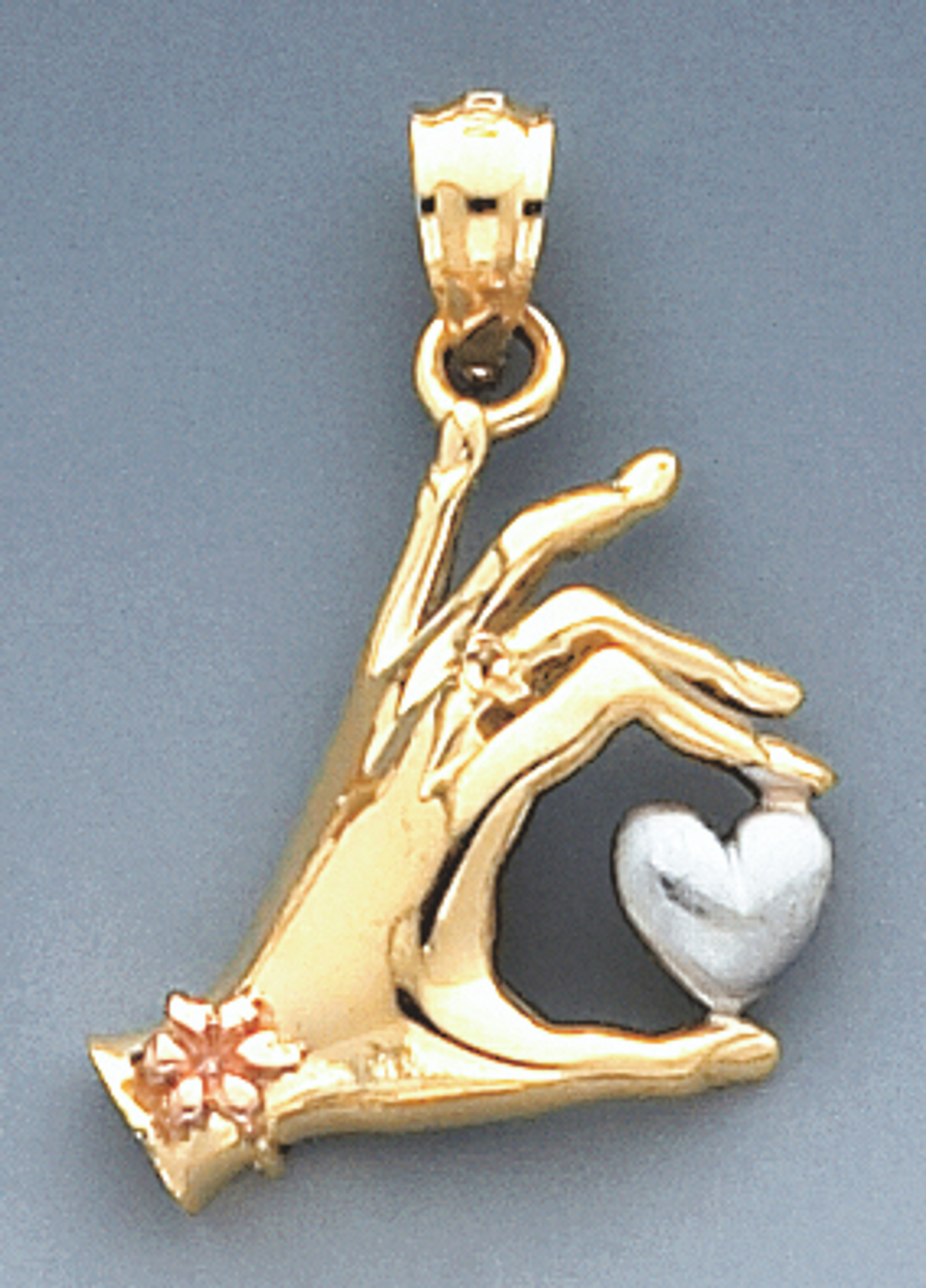 14K Gold Tri-Color Heart With Hand Charm 27mm Tall By 20mm Wide 14K Gold Tri-Color Heart With Hand Charm 27mm Tall By 20mm Wide