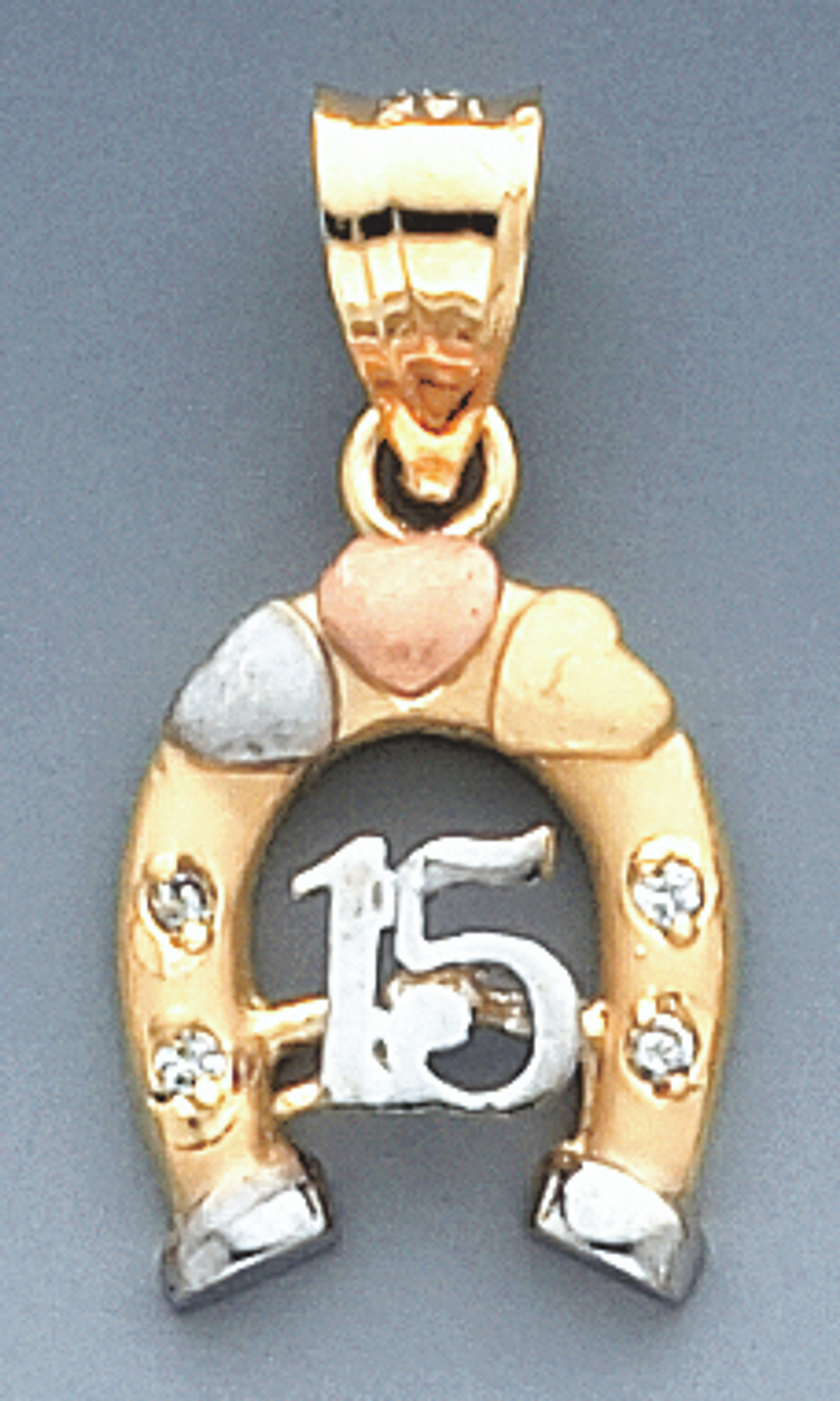 14K Gold Tri-Color Lucky Horse Shoe Charm With Number 15 27mm Tall By 14mm Wide 14K Gold Tri-Color Lucky Horse Shoe Charm With Number 15 27mm Tall By 14mm Wide