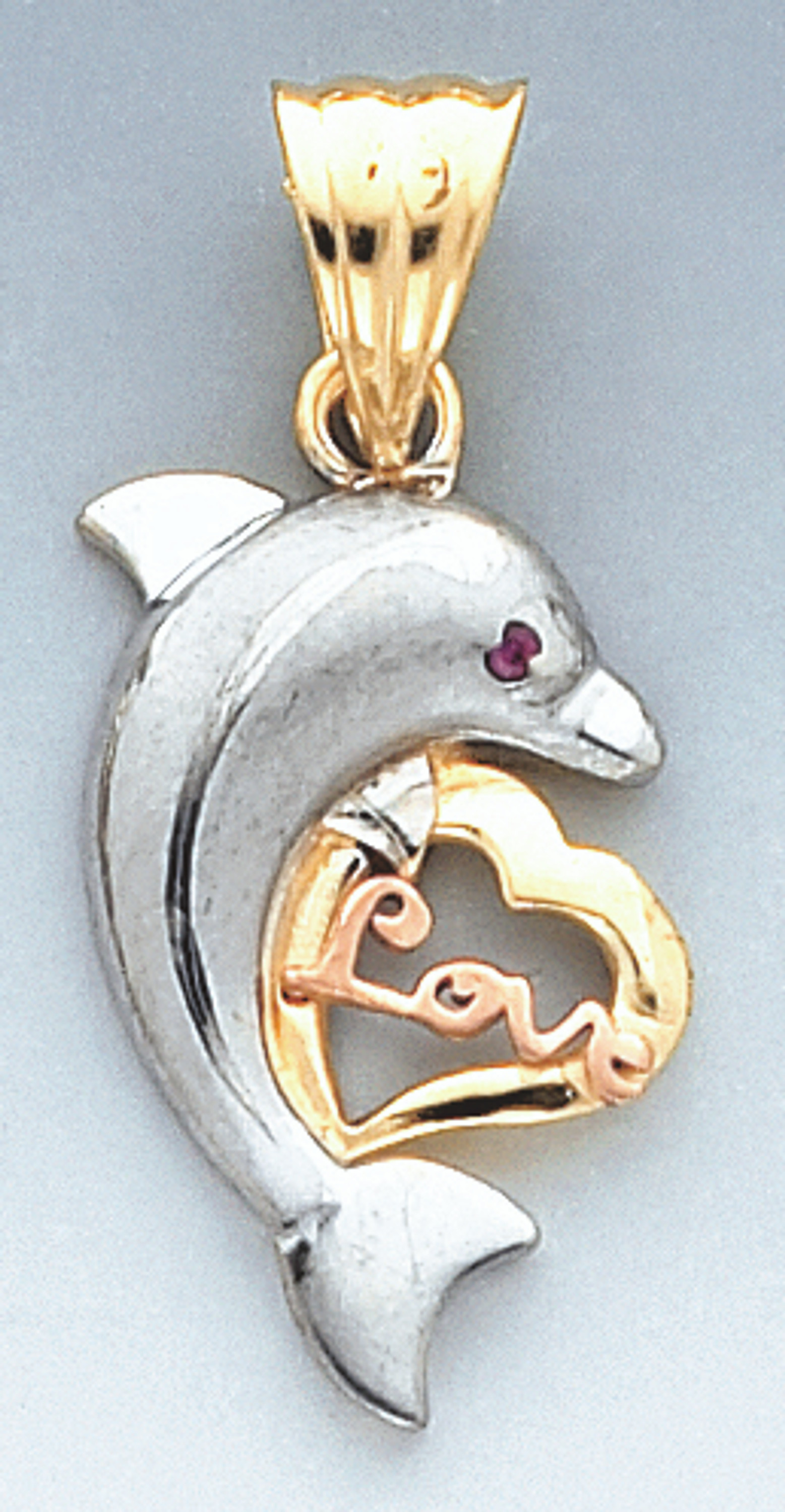 14K Gold Tri-Color Dolphin Charm With Love 36mm Tall By 16mm Wide 14K Gold Tri-Color Dolphin Charm With Love 36mm Tall By 16mm Wide
