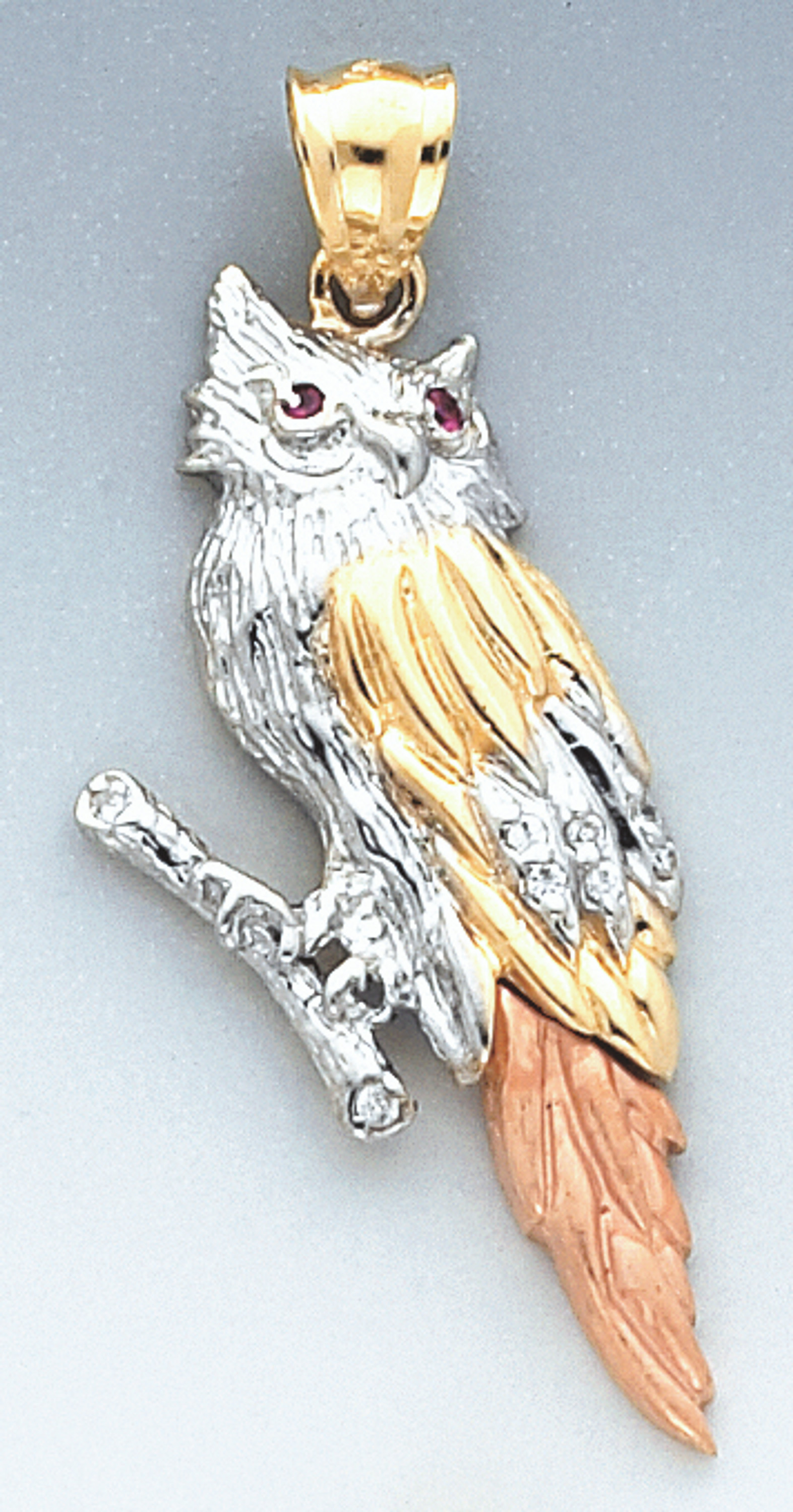 14K Gold Tri-Color Owl Charm 53mm Tall By 12mm Wide 14K Gold Tri-Color Owl Charm 53mm Tall By 12mm Wide