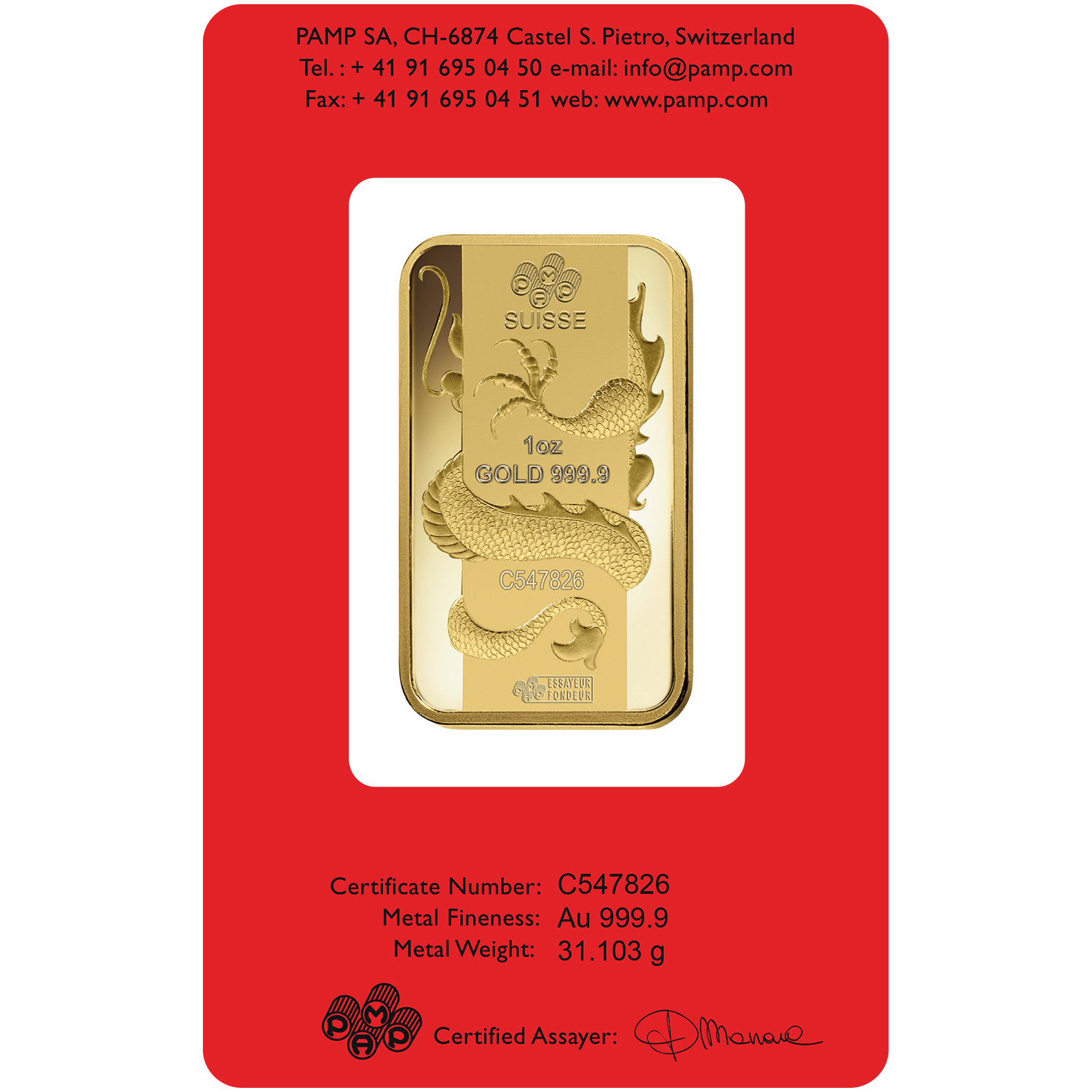24k Gold 1 Oz Pamp Suisse Year of the Dragon Bar Encased in 14K