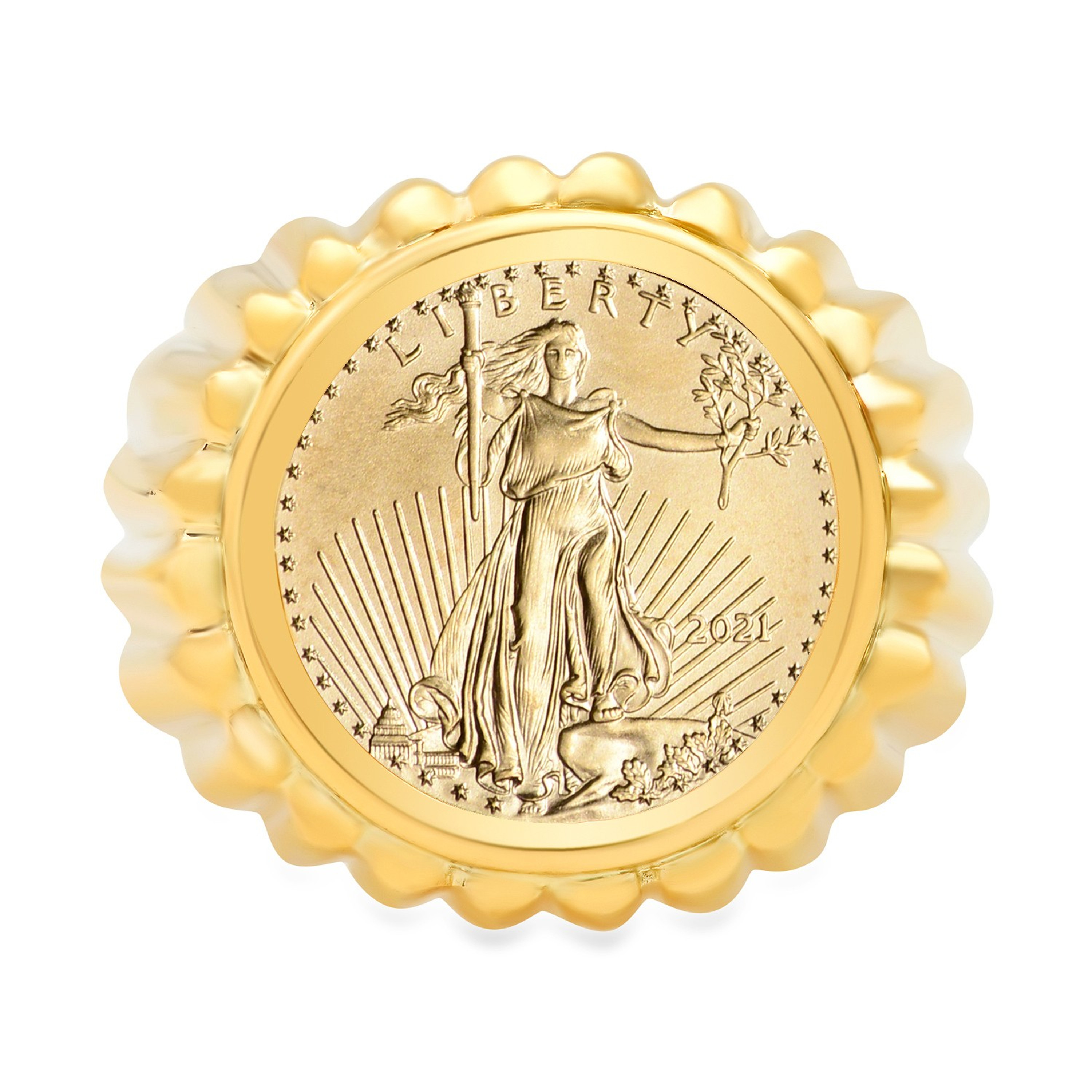 14k Gold Mens 20.2mm Coin Ring With A 22k 1/10 Oz American Eagle Coin 14k Gold Mens 20.2mm Coin Ring With A 22k 1/10 Oz American Eagle Coin
