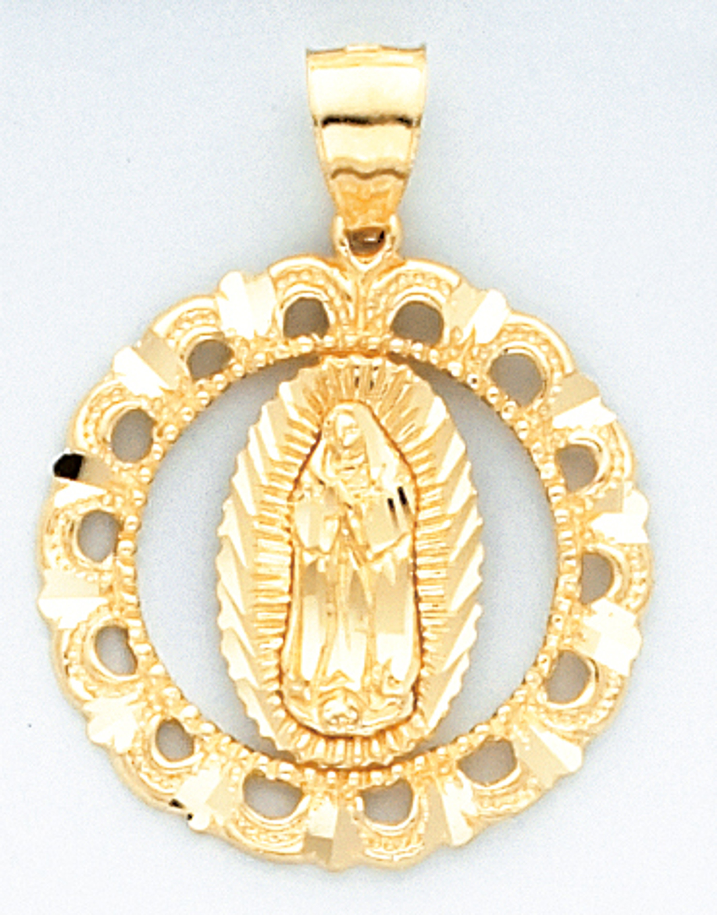 14k Gold Diamond Cut Round Shaped Virgin Mary Pendant 28mm by 34mm 14k Gold Diamond Cut Round Shaped Virgin Mary Pendant 28mm by 34mm