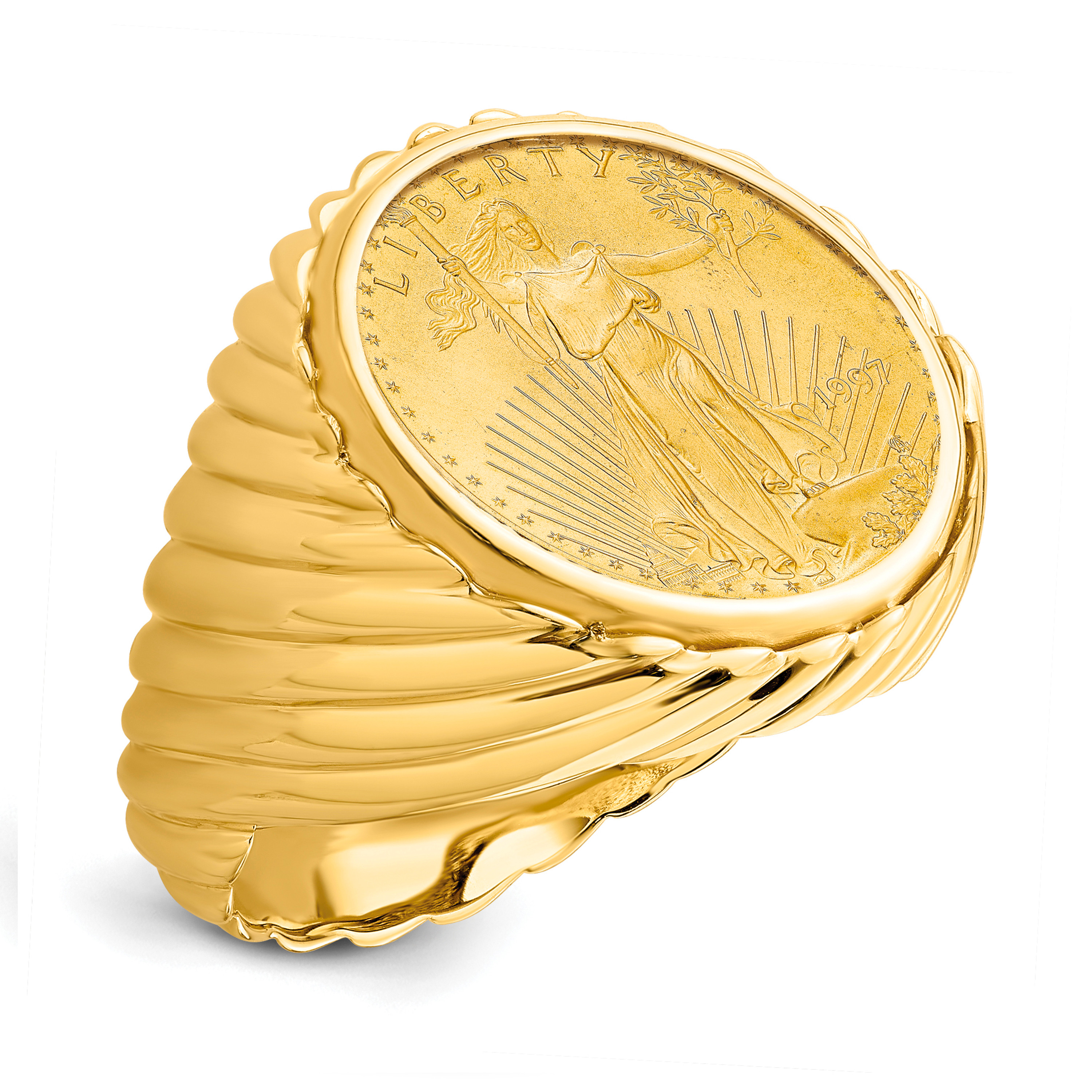 14K Yellow Gold Men's Diagonal Fluting Design Ring With A 22k 1/10 Oz American Eagle 14K Yellow Gold Men's Diagonal Fluting Design Ring With A 22k 1/10 Oz American Eagle