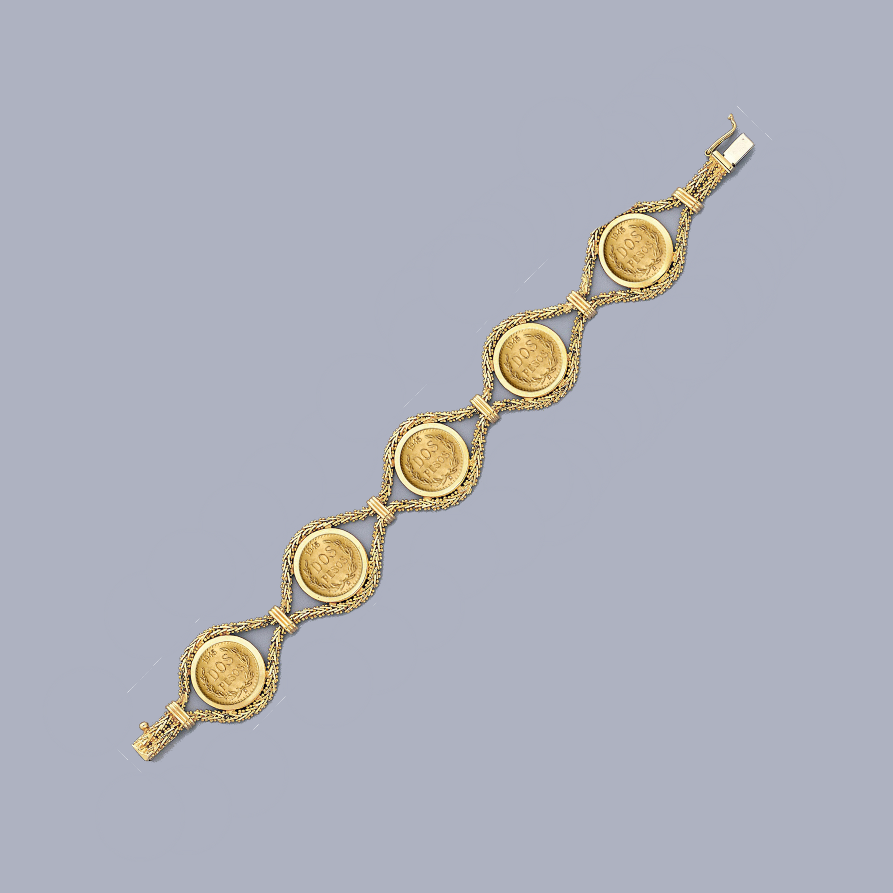 14k Gold Bola Mexican 2 Pesos 5 Coin Bracelet 8.0" 14k Gold Bola Mexican 2 Pesos 5 Coin Bracelet 8.0"