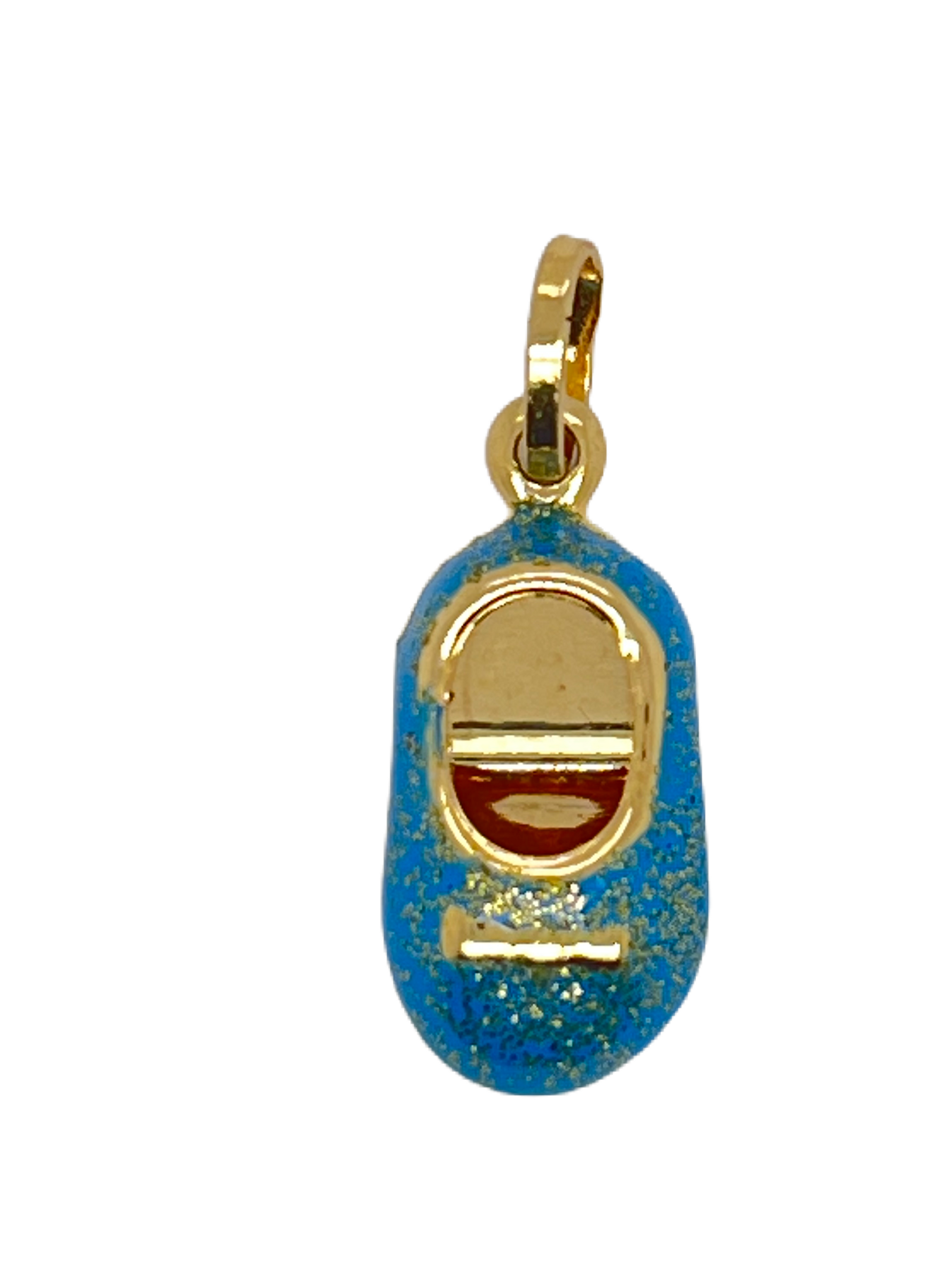 14K Gold Baby Shoe Pendant, Blue Glitter Enamel