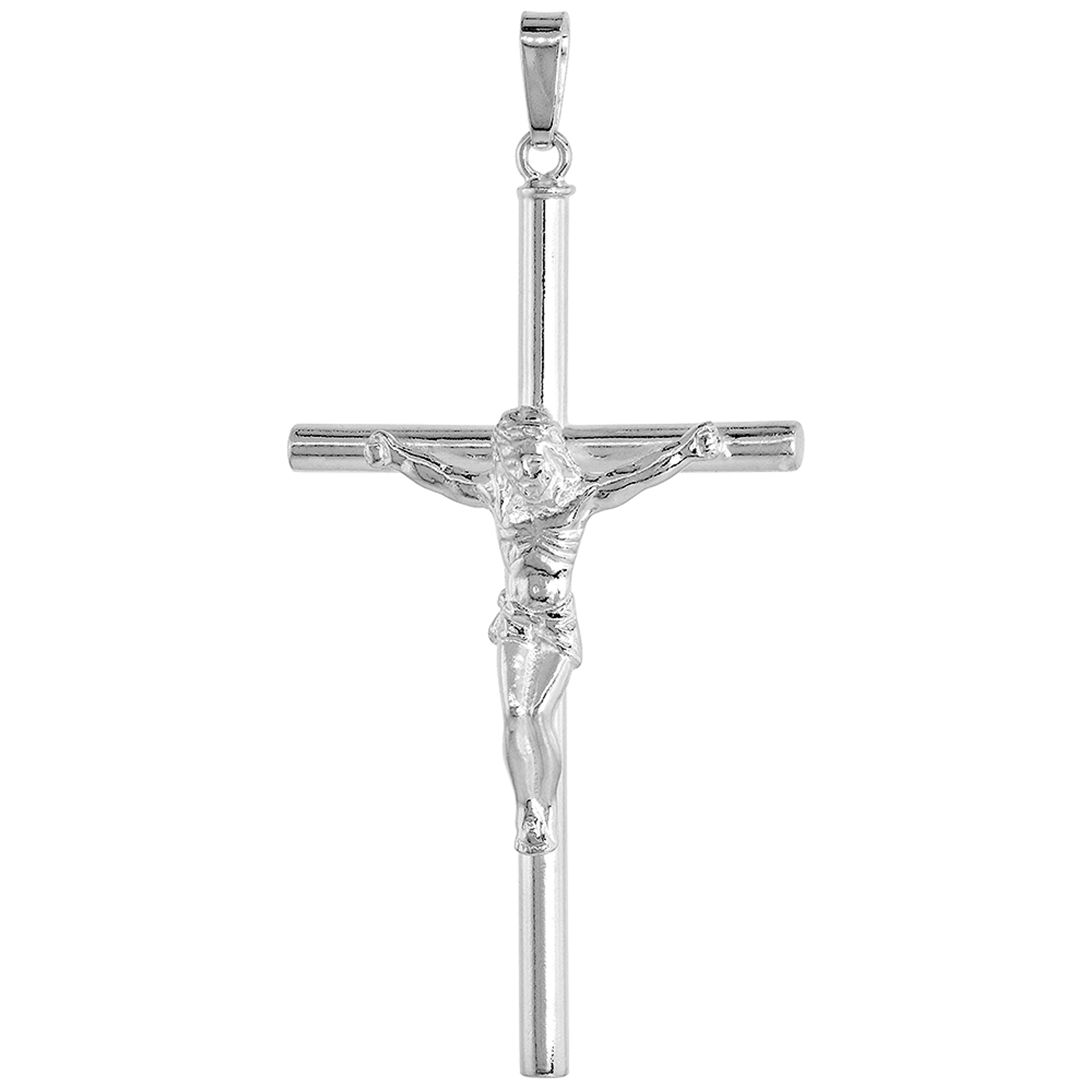 Sterling Silver Crucifix Pendant (Charm) 3mm Tubular High Polished 2 1/4 inch Tall Sterling Silver Crucifix Pendant (Charm) 3mm Tubular High Polished 2 1/4 inch Tall