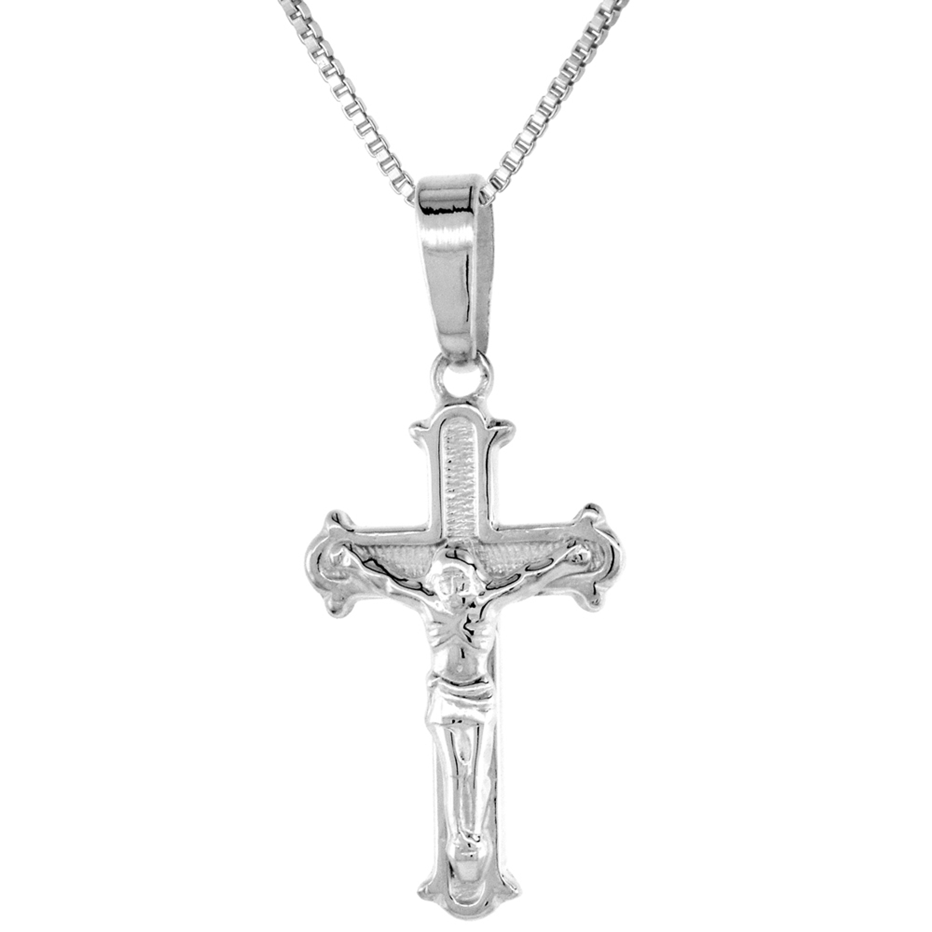 Sterling Silver Crucifix Pendant (Charm) 7/8 inch Small Pendant Solid Back Flawless High Polished Finish Tall Sterling Silver Crucifix Pendant (Charm) 7/8 inch Small Pendant Solid Back Flawless High Polished Finish Tall