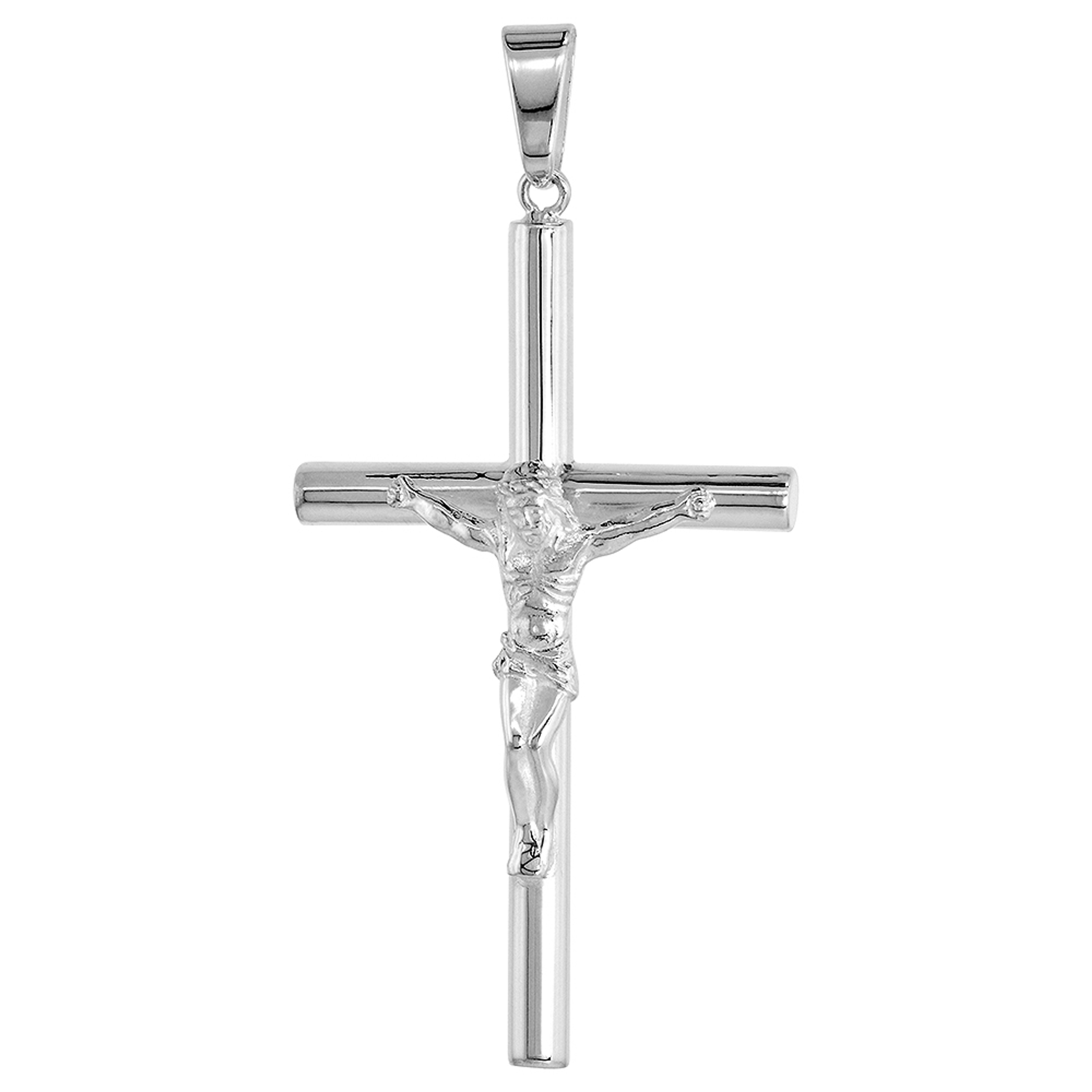 Sterling Silver Crucifix Pendant (Charm) 4mm Tubular High Polished 2 1/4 inch Tall Sterling Silver Crucifix Pendant (Charm) 4mm Tubular High Polished 2 1/4 inch Tall
