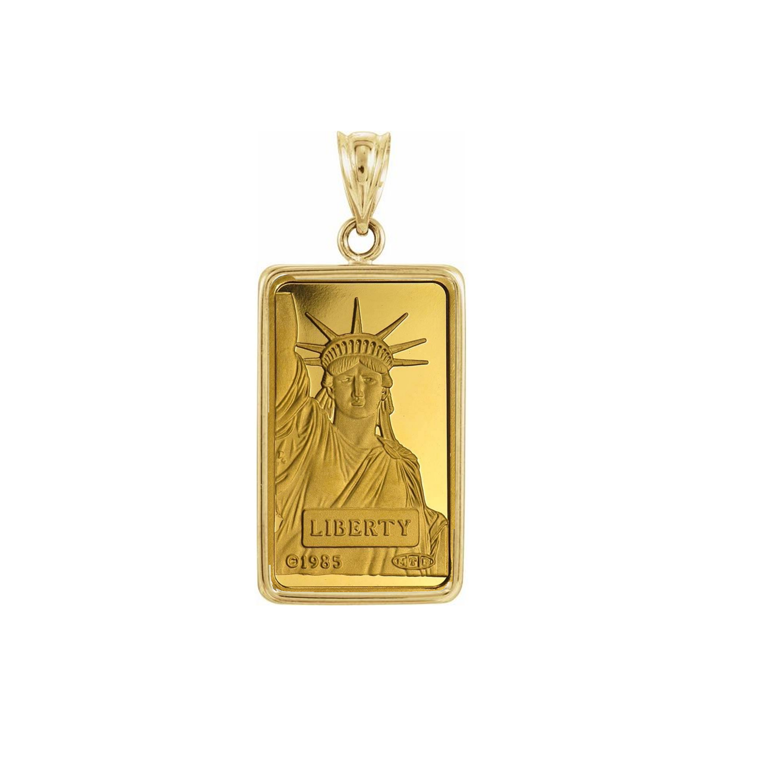 2 Gram Credit Suisse .999 Lady Liberty Bar Pendant 20MMX12.2MM Encased in 14k Gold 2 Gram Credit Suisse .999 Lady Liberty Bar Pendant 20MMX12.2MM Encased in 14k Gold