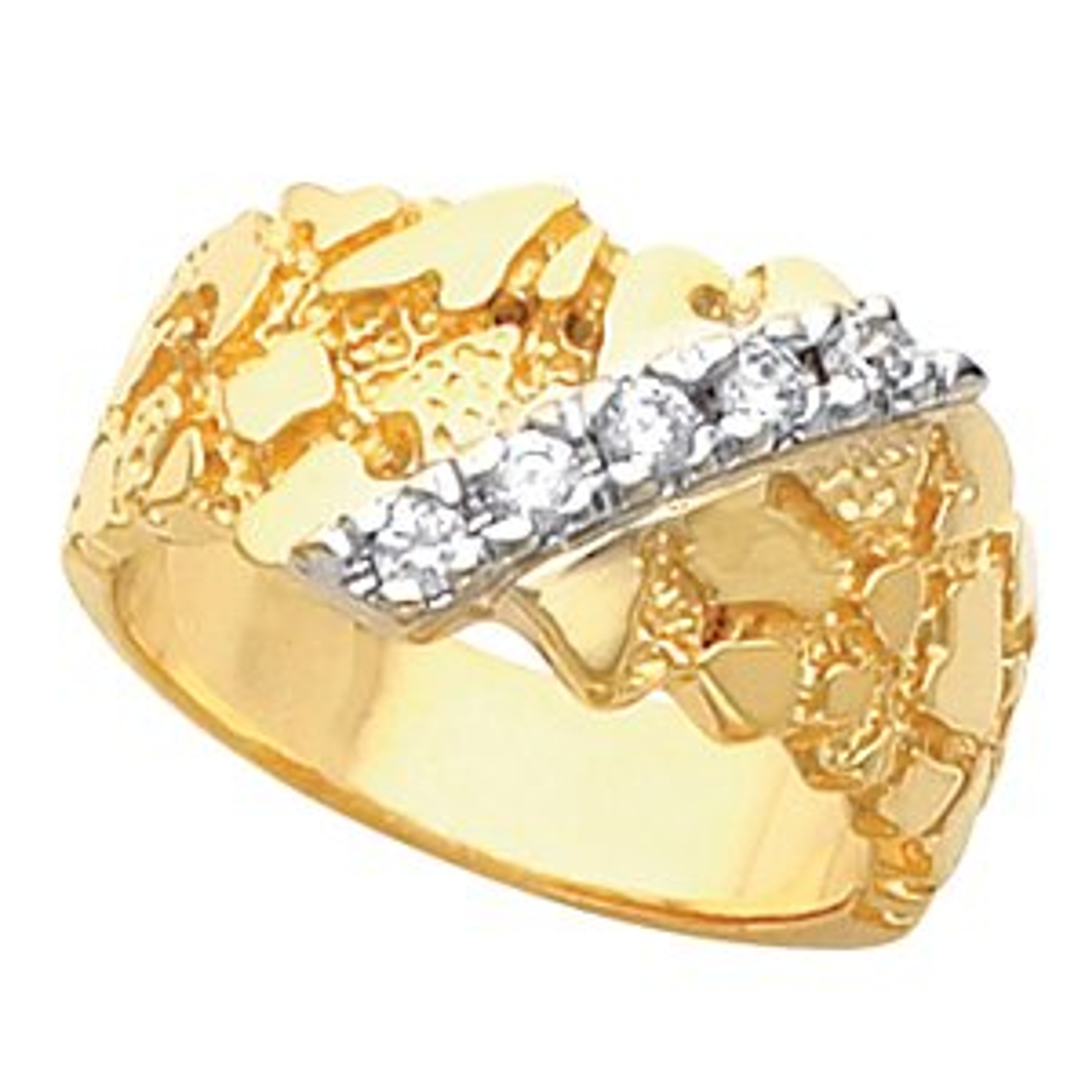 14k Yellow Gold Mens Nugget 1/4 Ct. Diamond Ring 10mm wide 14k Yellow Gold Mens Nugget 1/4 Ct. Diamond Ring 10mm wide