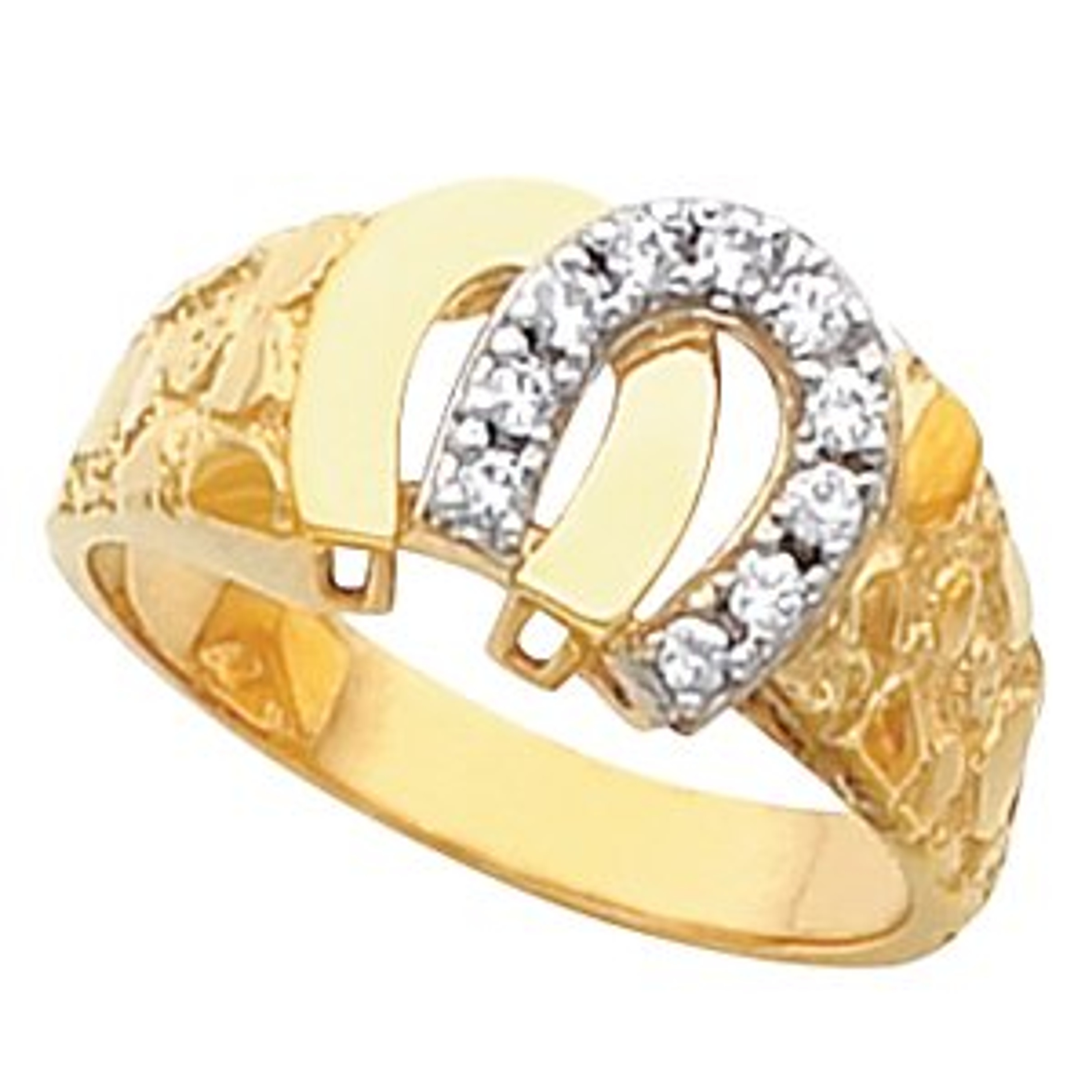 14k Yellow Gold Mens Nugget Horseshoe 0.20ct. Diamond Ring 11mm wide 14k Yellow Gold Mens Nugget Horseshoe 0.20ct. Diamond Ring 11mm wide