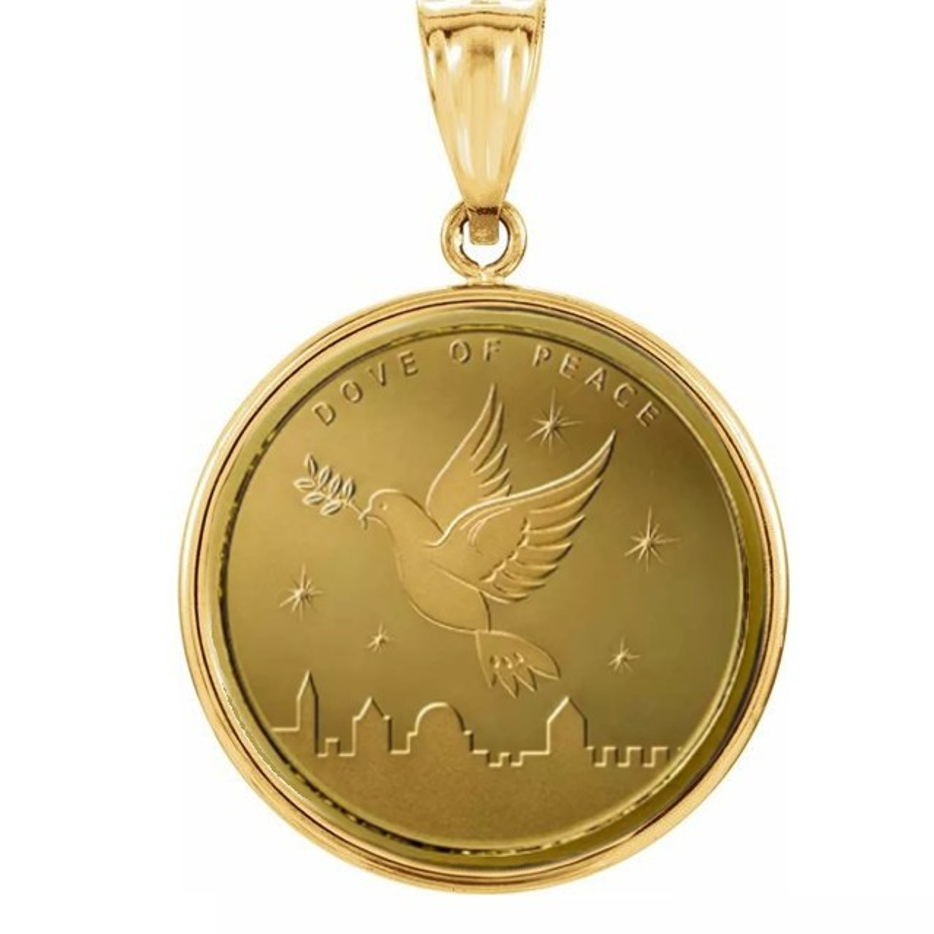 24K 1/10 oz Gold Dove of Peace 2023 Gold Coin Encased in 14k Gold Pendant 24K 1/10 oz Gold Dove of Peace 2023 Gold Coin Encased in 14k Gold Pendant